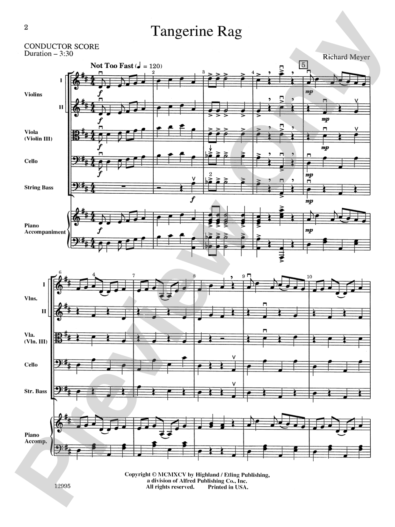 Tangerine Rag: String Orchestra Conductor Score & Parts