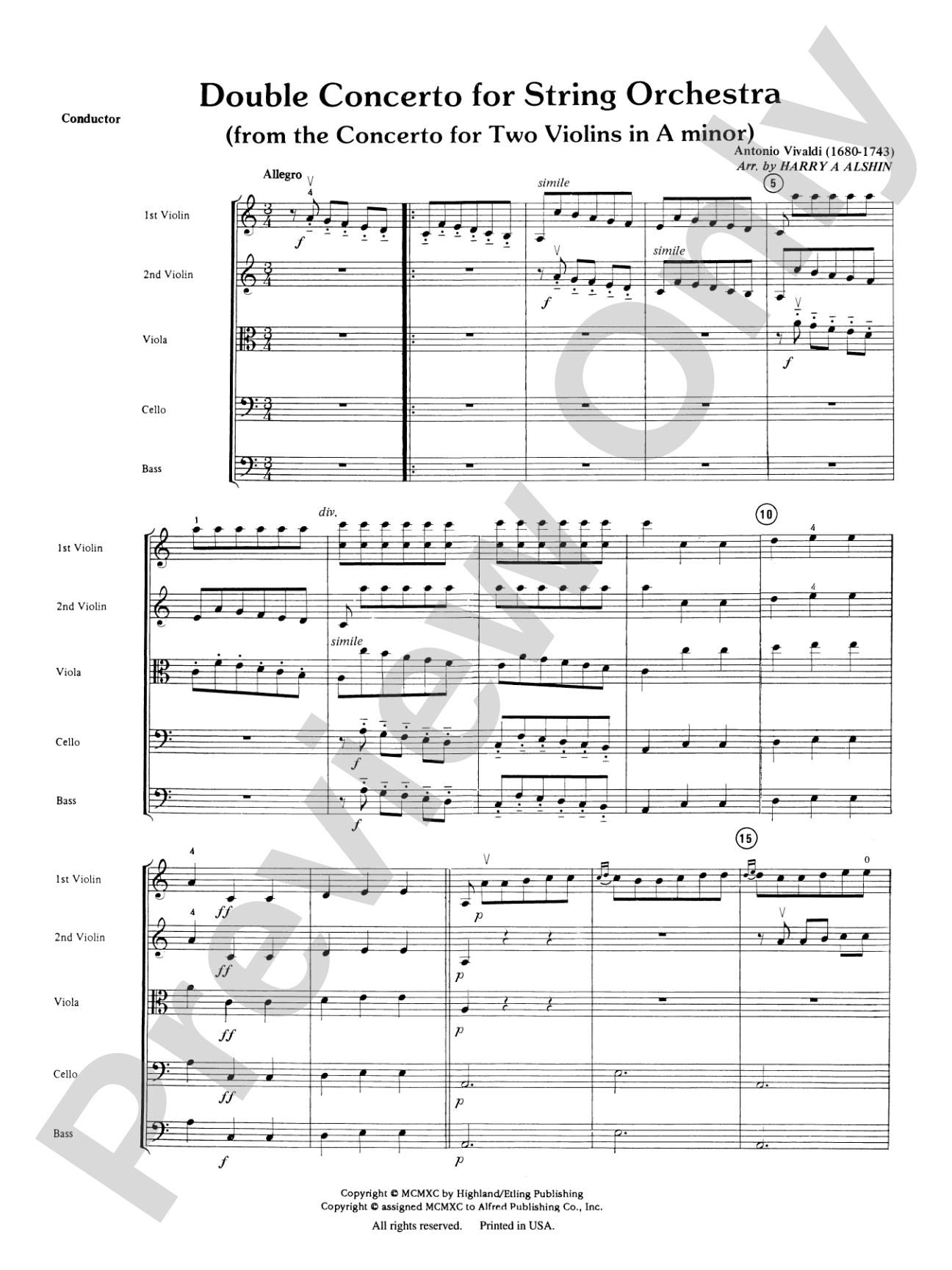 Double Concerto for String Orchestra from Concerto for Two Violins in A Minor: String Orchestra Conductor Score & Parts