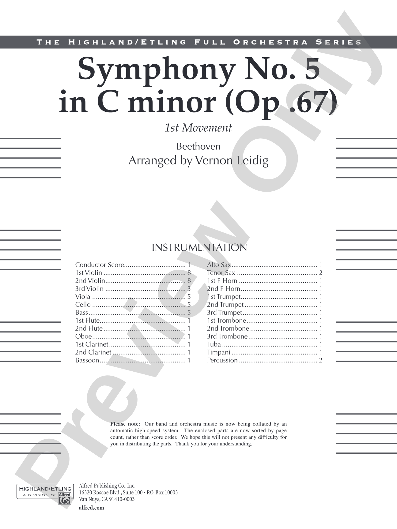Beethoven's Symphony No. 5, 1st Movement: Full Orchestra Conductor Score & Parts