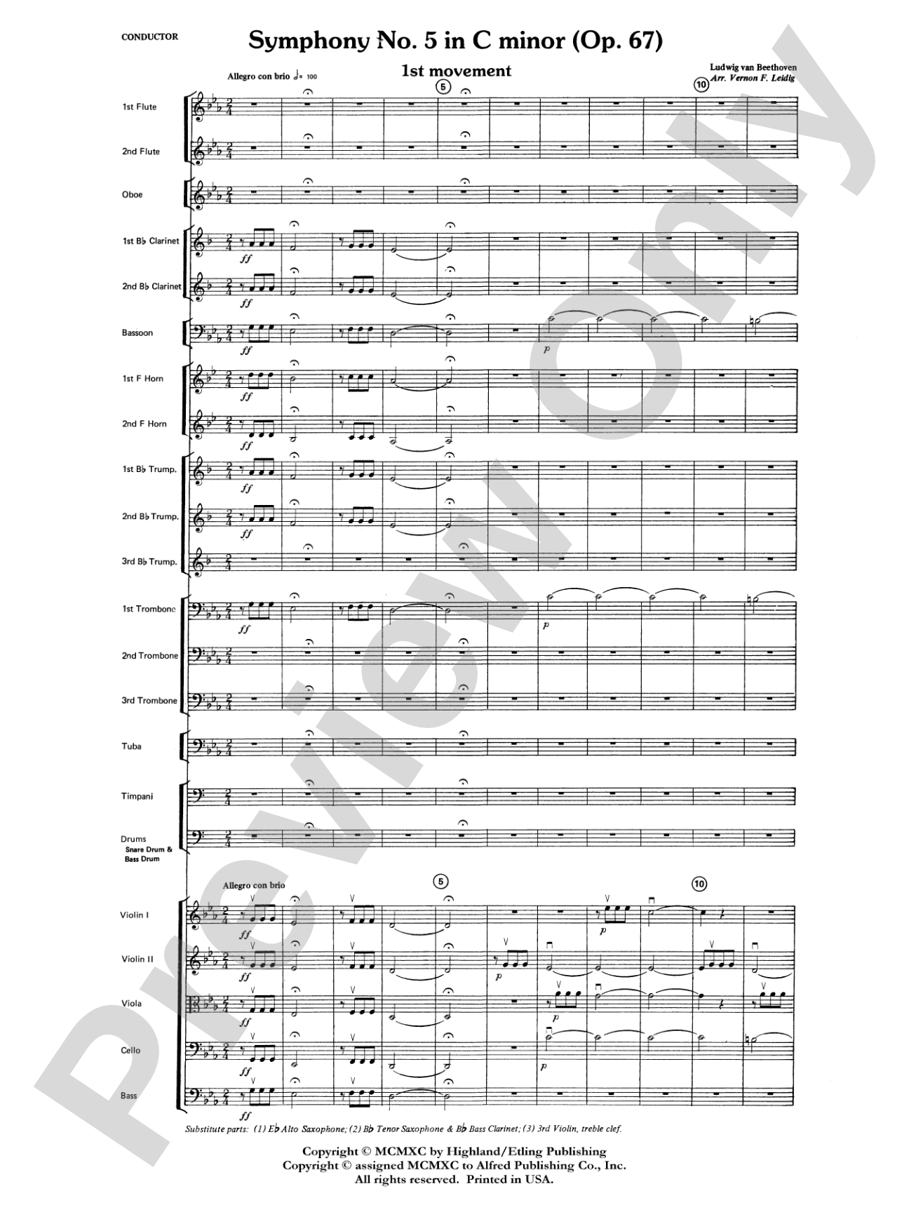 Beethoven's Symphony No. 5, 1st Movement: Full Orchestra Conductor Score & Parts