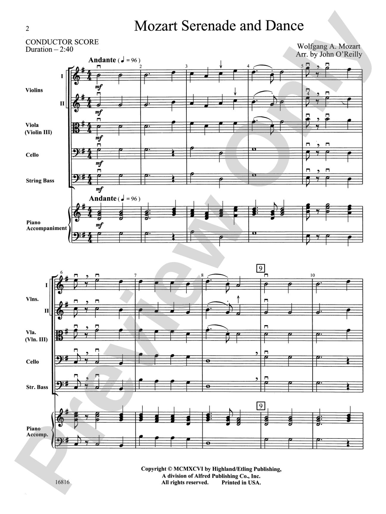 Mozart Serenade and Dance: String Orchestra Conductor Score & Parts