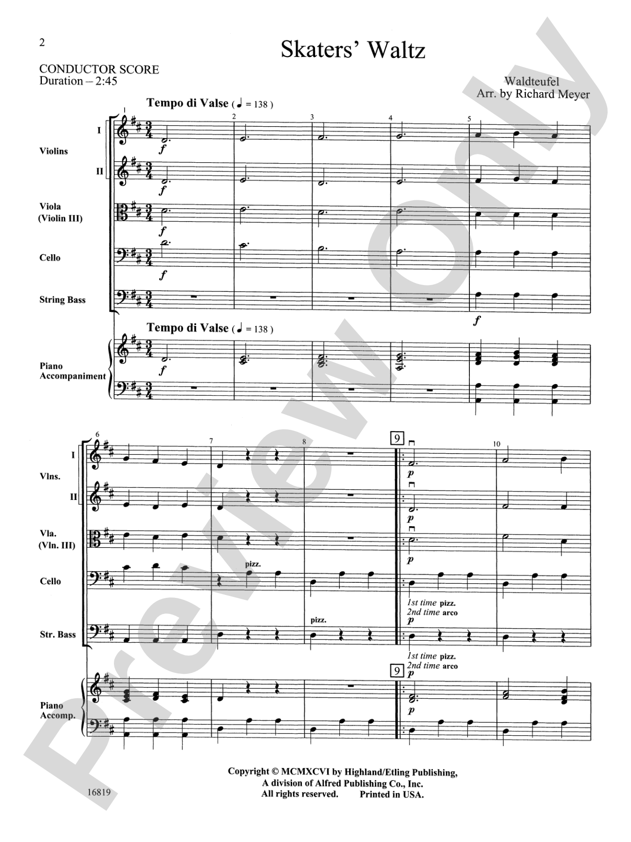Skaters' Waltz: String Orchestra Conductor Score & Parts