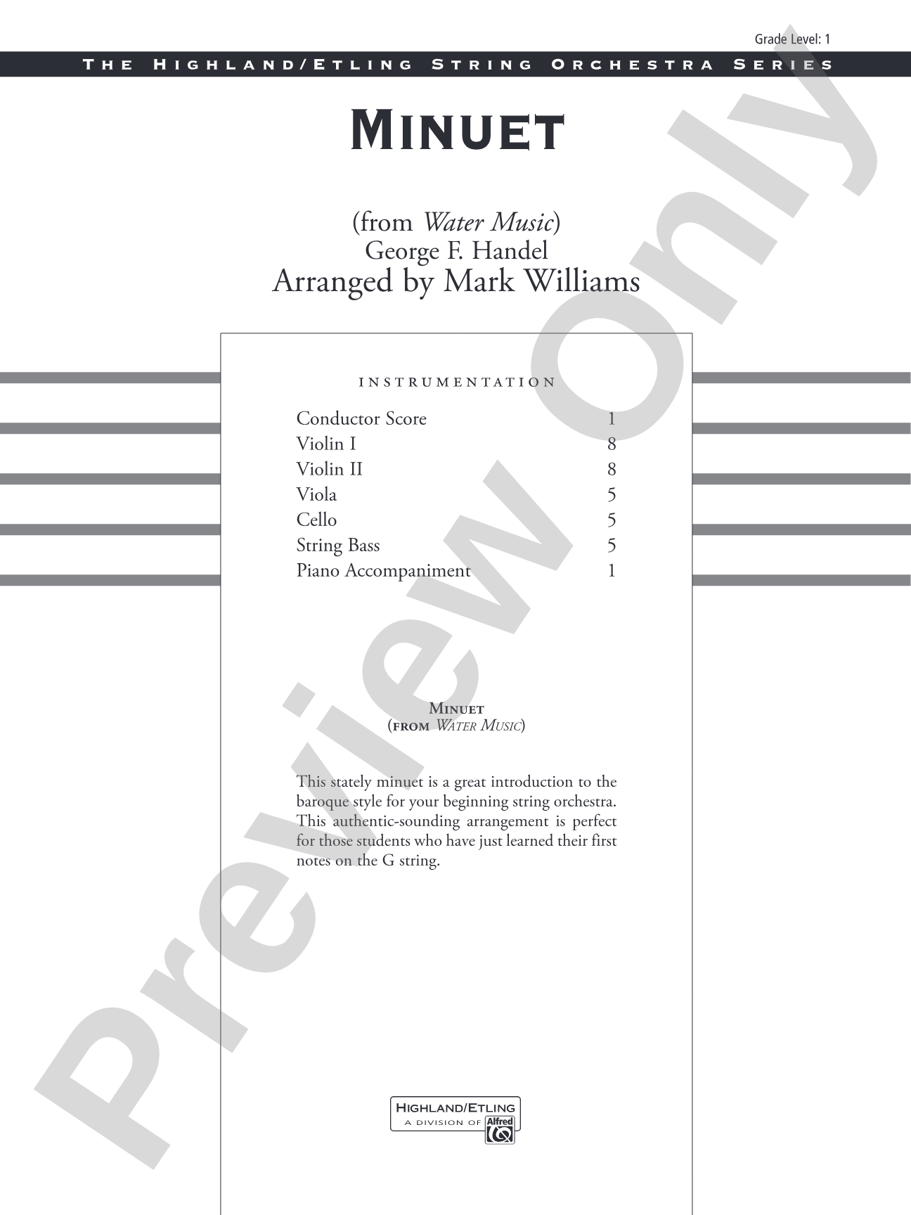 Minuet from Water Music: String Orchestra Conductor Score & Parts