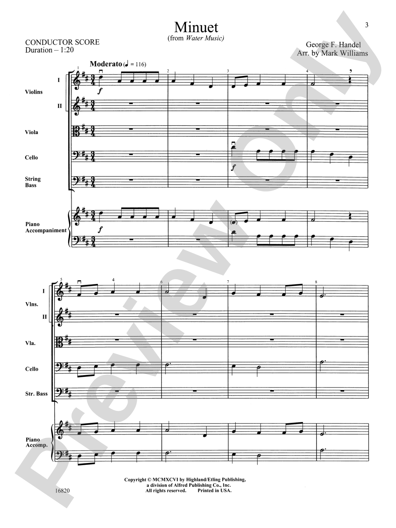 Minuet from Water Music: String Orchestra Conductor Score & Parts