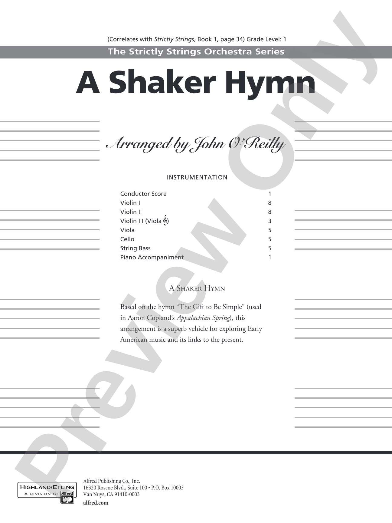 A Shaker Hymn: String Orchestra Conductor Score & Parts