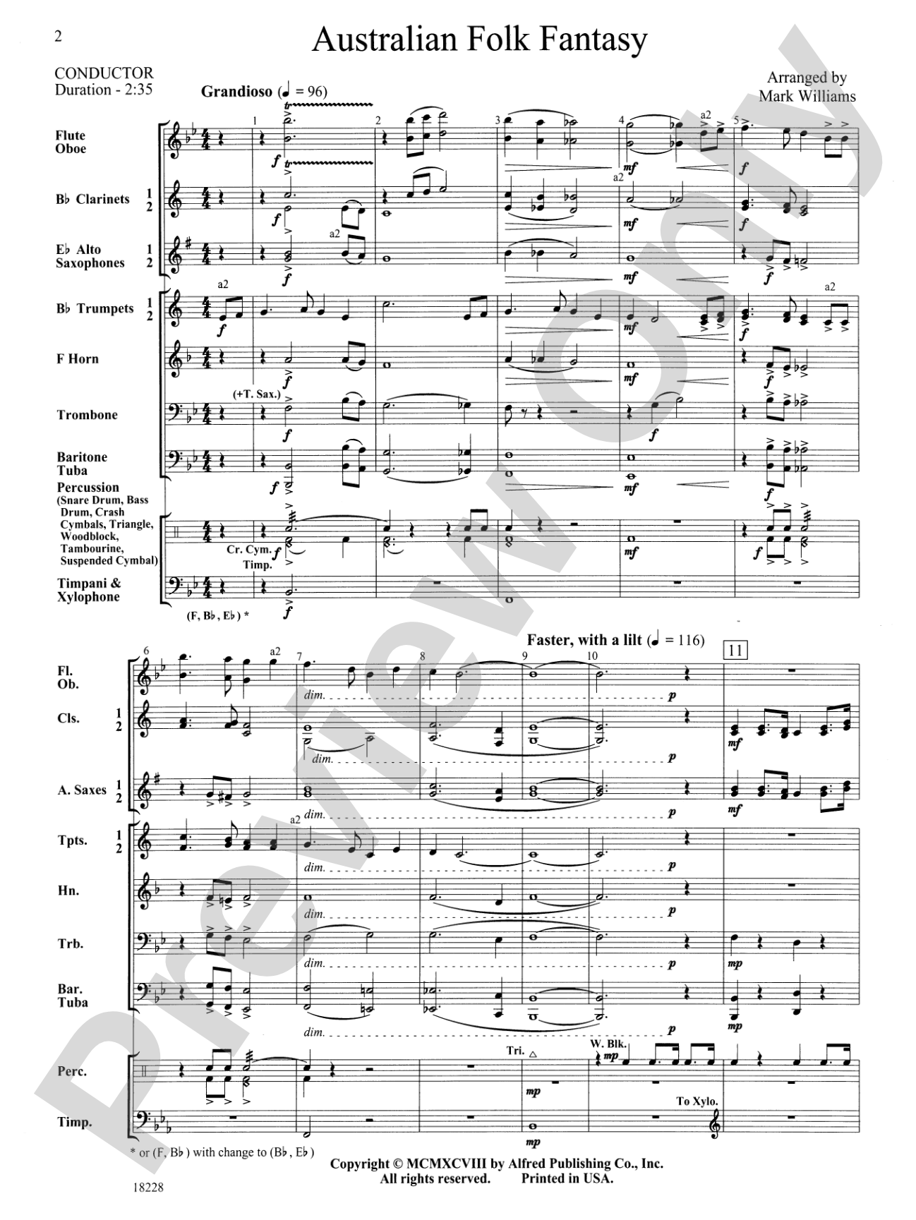 Australian Folk Fantasy: Concert Band Conductor Score & Parts