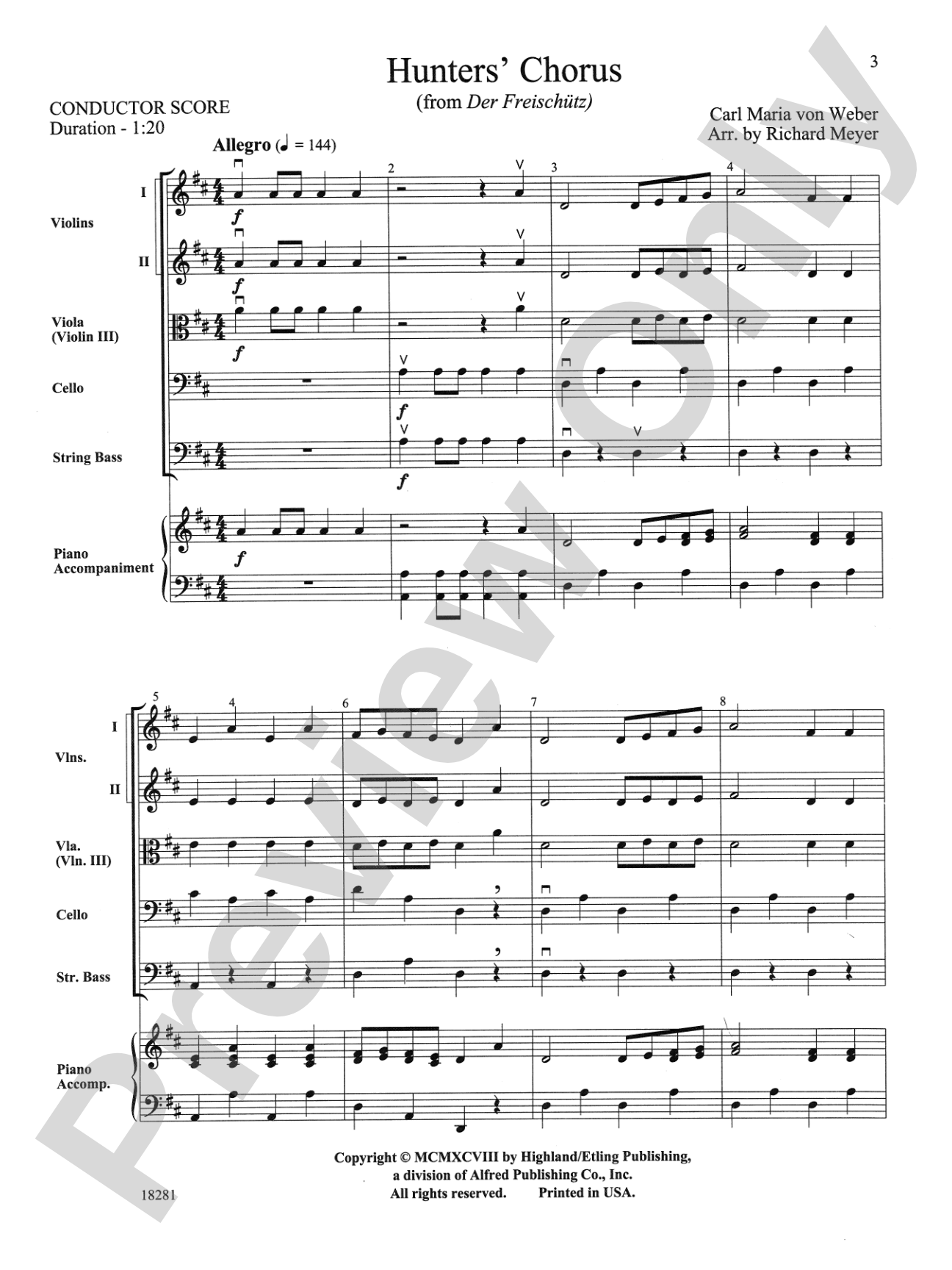 Hunters' Chorus from Der Freischutz: String Orchestra Conductor Score & Parts