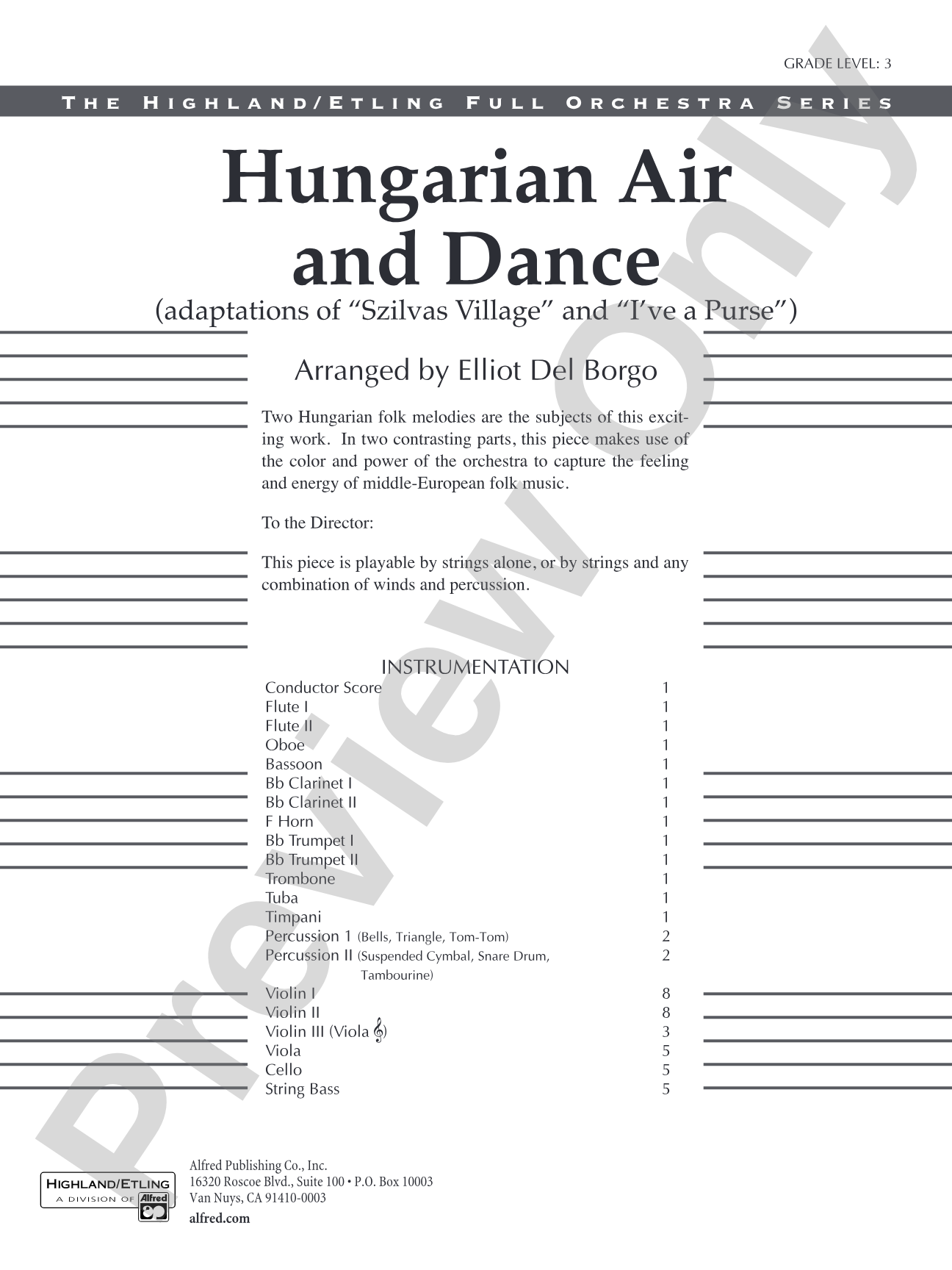 Hungarian Air and Dance: Full Orchestra Conductor Score & Parts