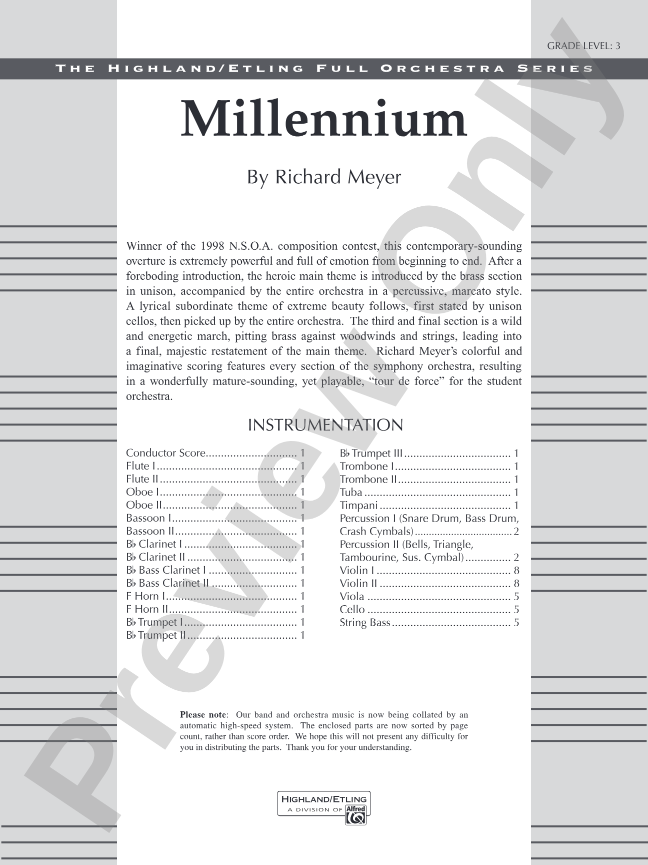 Millennium: Full Orchestra Conductor Score & Parts