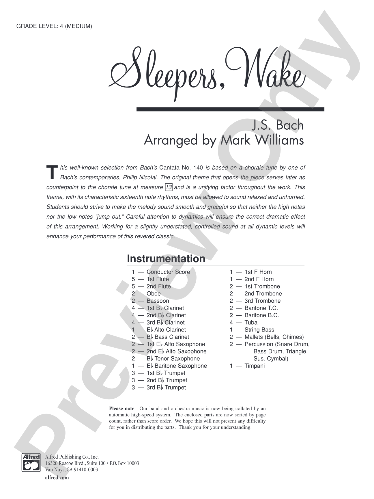 Sleepers Wake: Concert Band Conductor Score & Parts