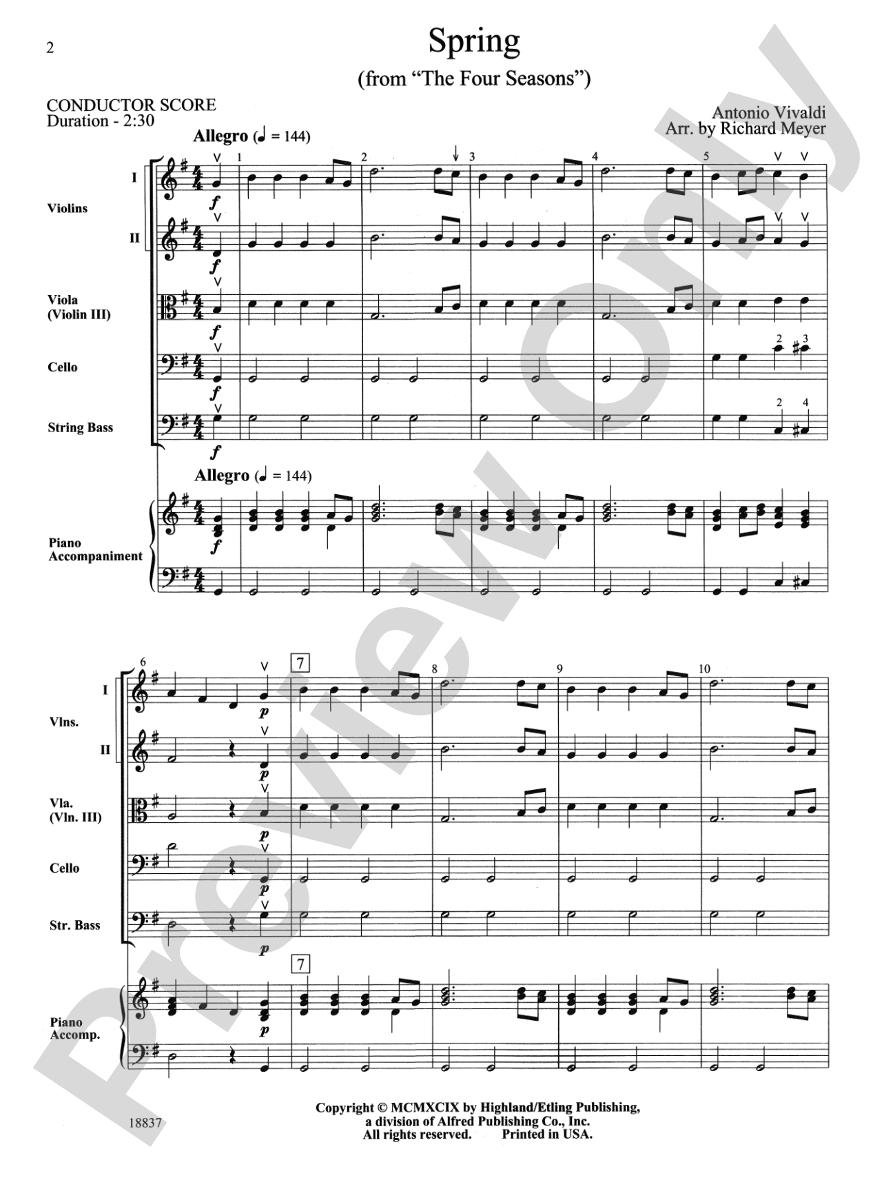 Spring from the Four Seasons: String Orchestra Conductor Score & Parts