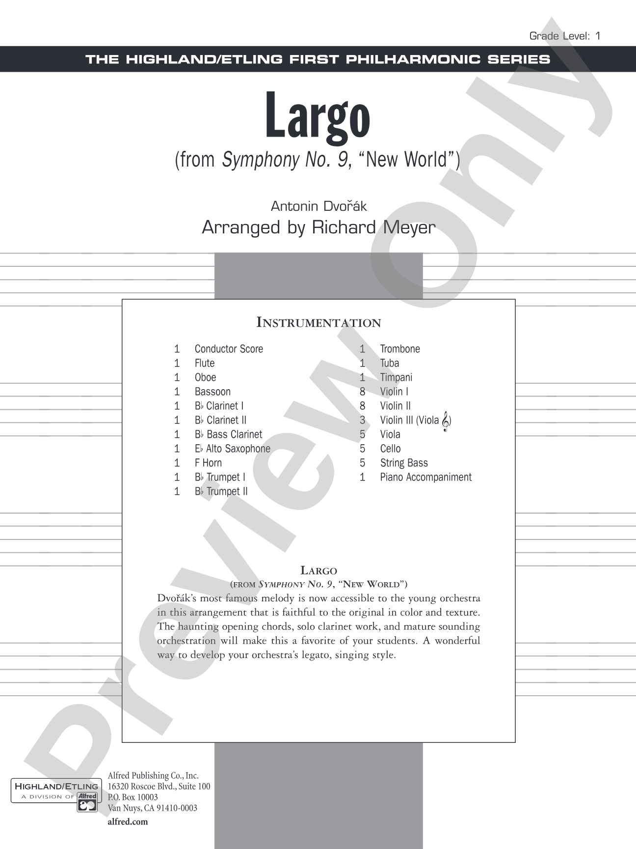 Largo from Symphony No. 9, "New World": Full Orchestra Conductor Score & Parts