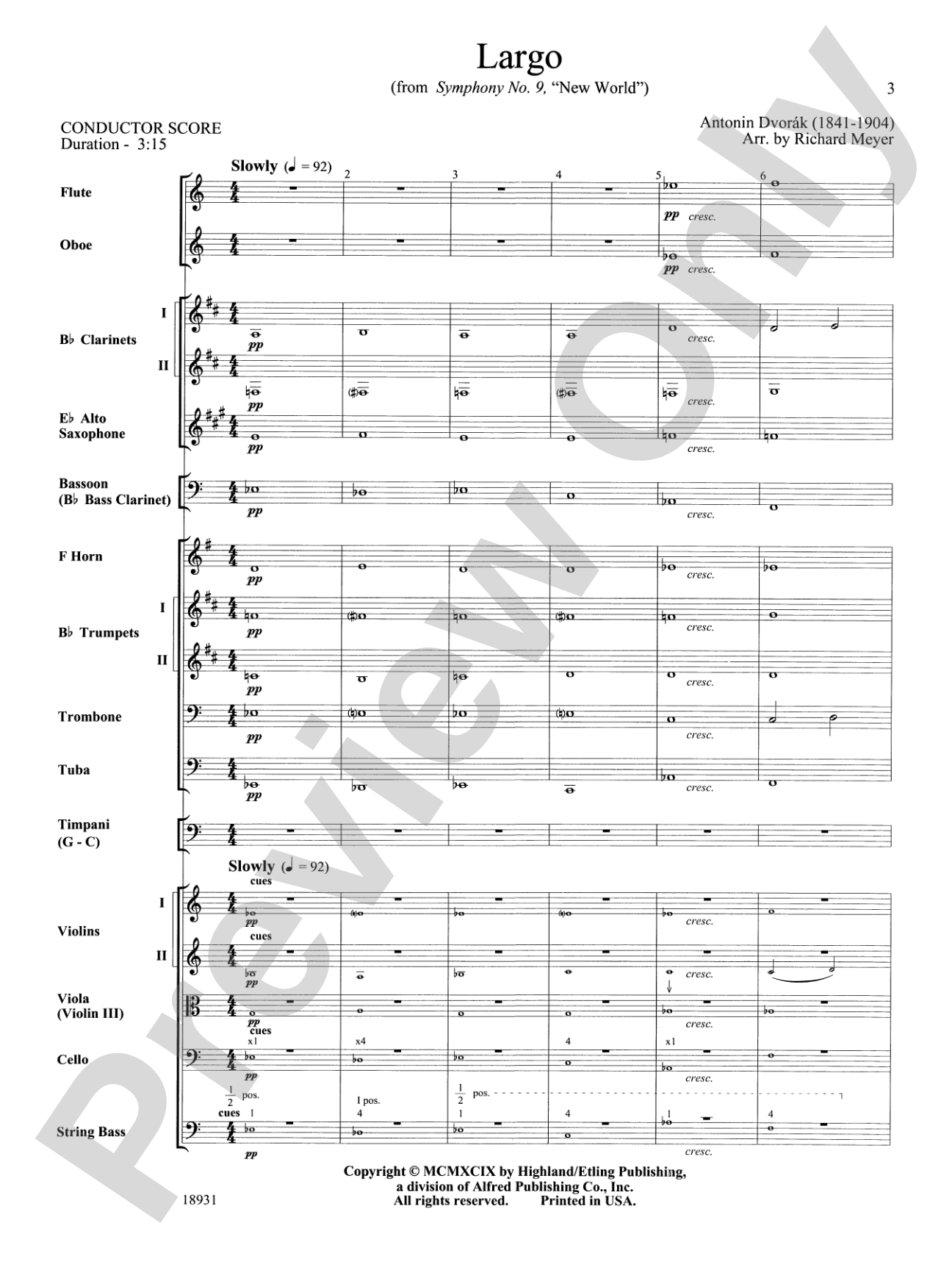 Largo from Symphony No. 9, "New World": Full Orchestra Conductor Score & Parts