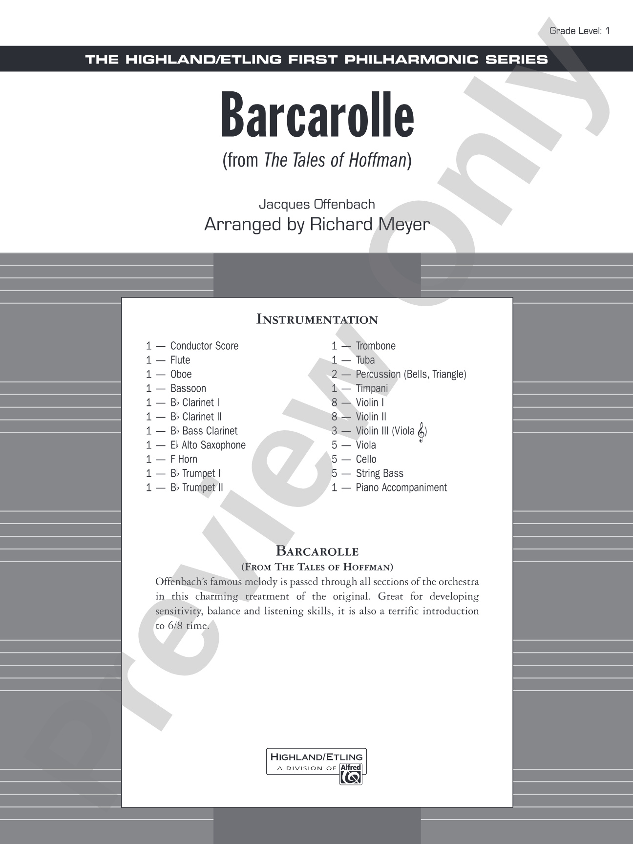 Barcarolle from "The Tales of Hoffman": Full Orchestra Conductor Score & Parts