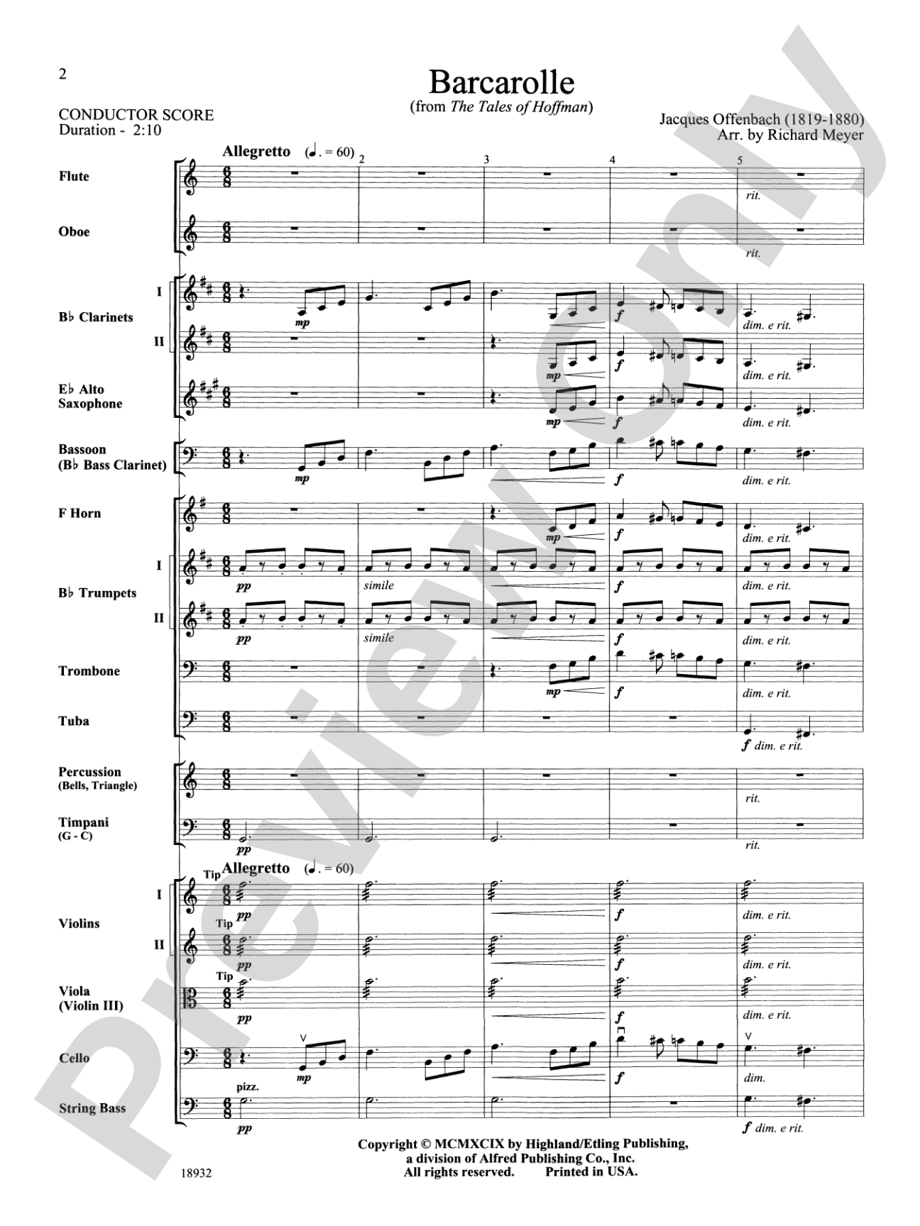 Barcarolle from "The Tales of Hoffman": Full Orchestra Conductor Score & Parts