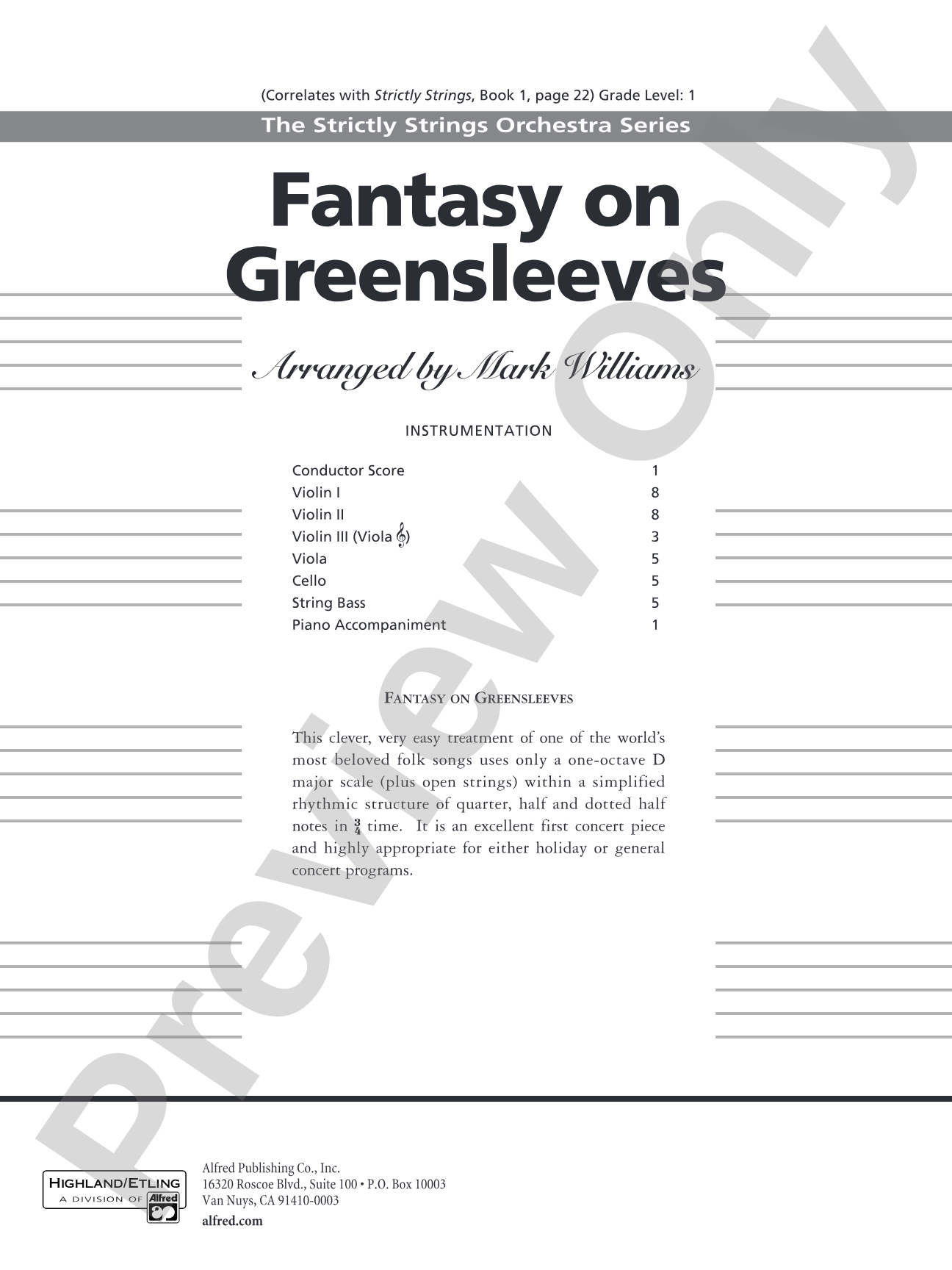 Fantasy on Greensleeves: String Orchestra Conductor Score & Parts