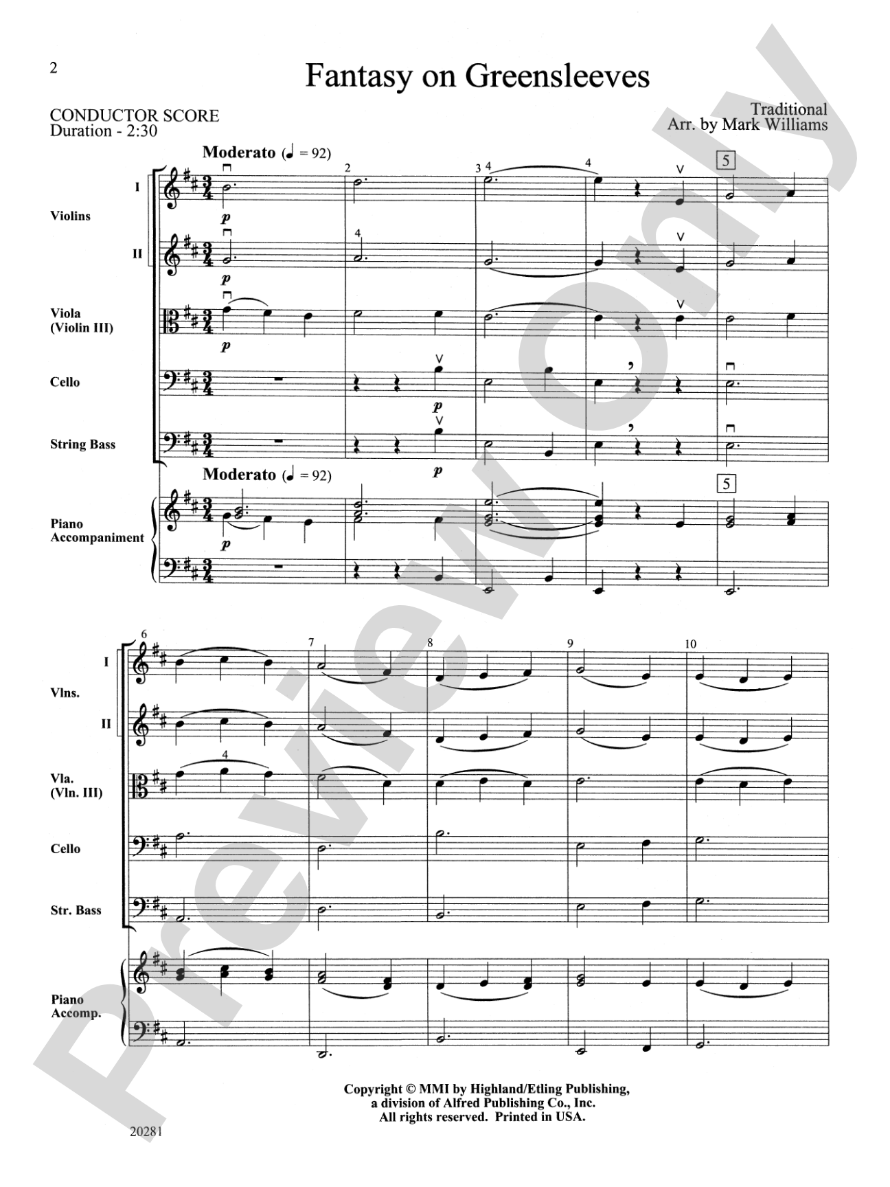 Fantasy on Greensleeves: String Orchestra Conductor Score & Parts