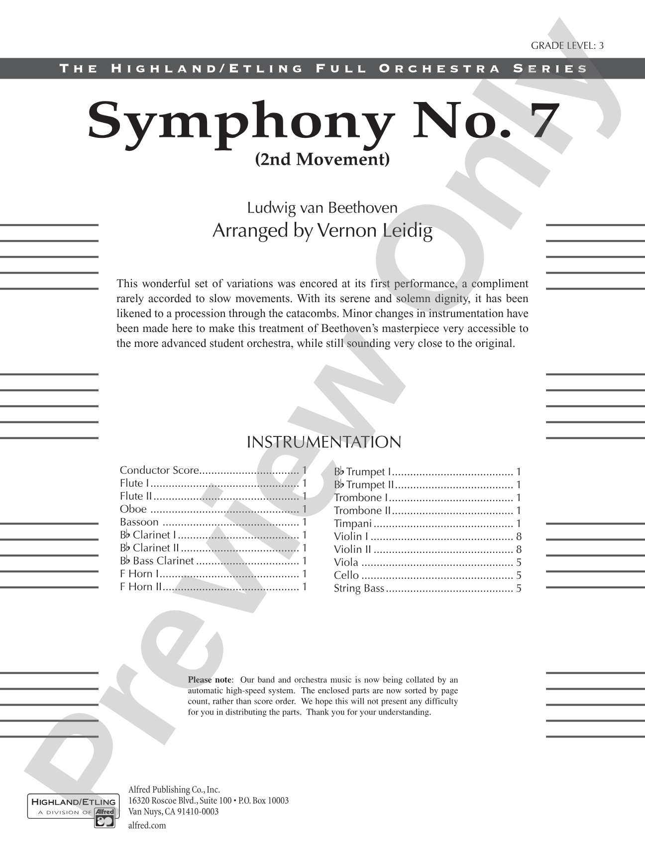 Symphony No. 7 (2nd Movement): Full Orchestra Conductor Score & Parts