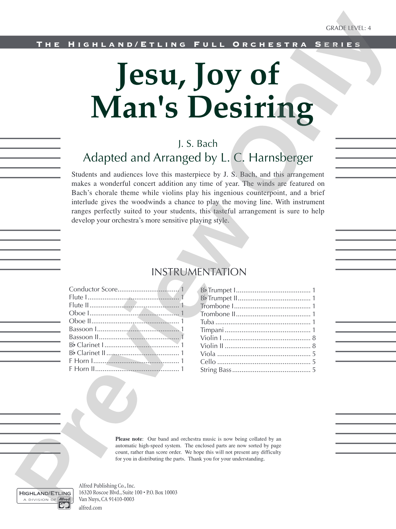 Jesu, Joy of Man's Desiring: Full Orchestra Conductor Score & Parts