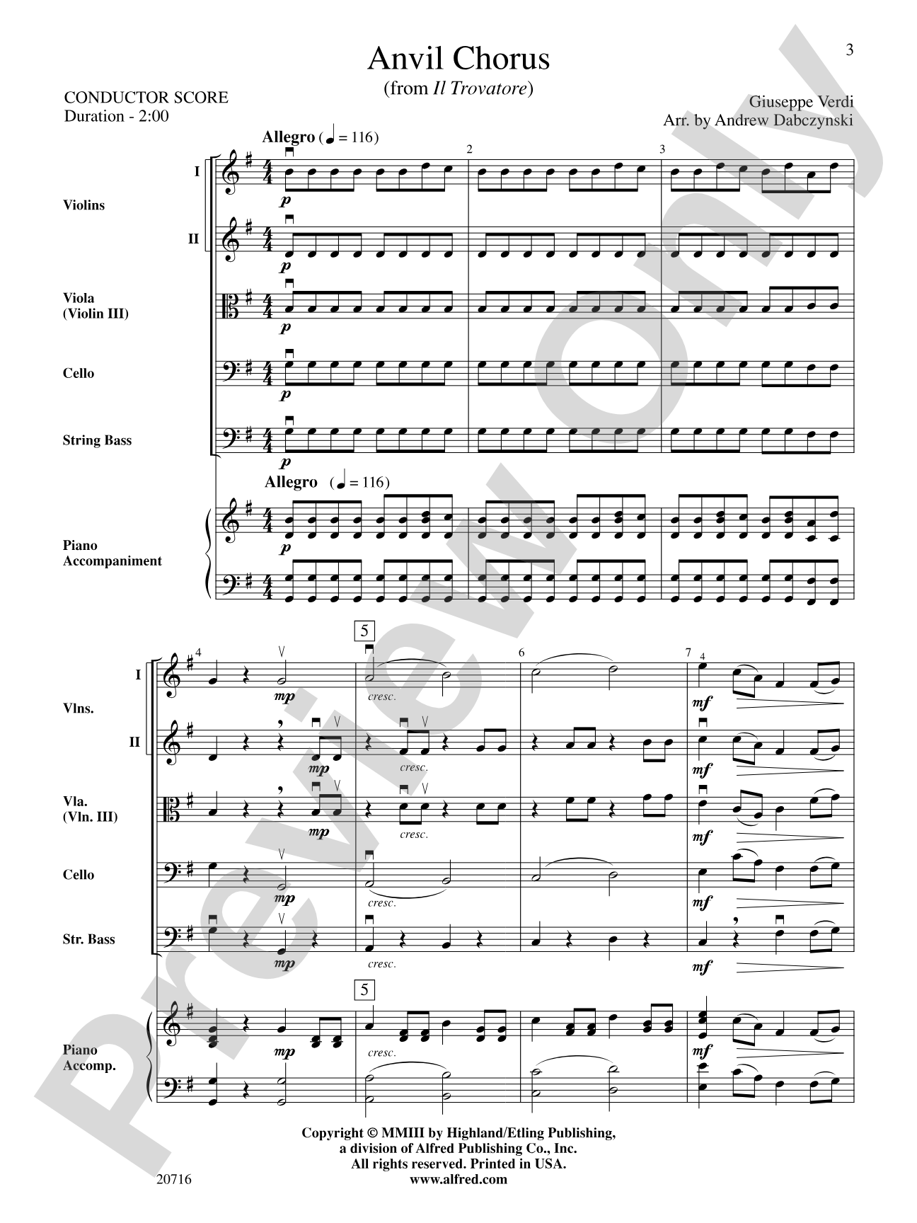 Anvil Chorus (from Il Trovatore): String Orchestra Conductor Score & Parts
