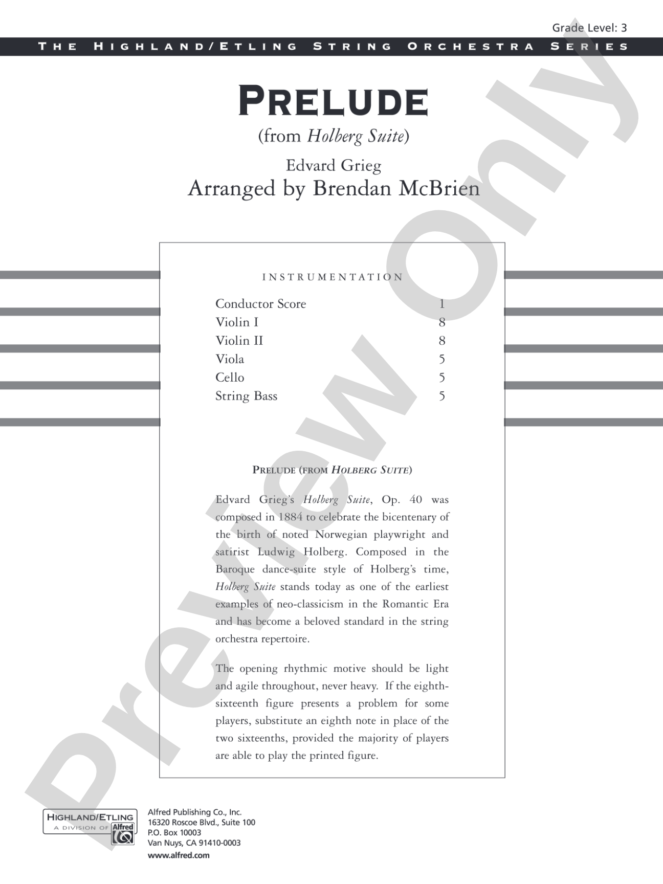Prelude (from Holberg Suite): String Orchestra Conductor Score & Parts