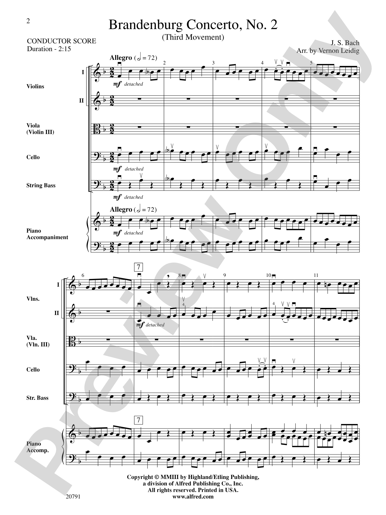 Brandenburg Concerto No. 2 (3rd Movement): String Orchestra Conductor Score & Parts