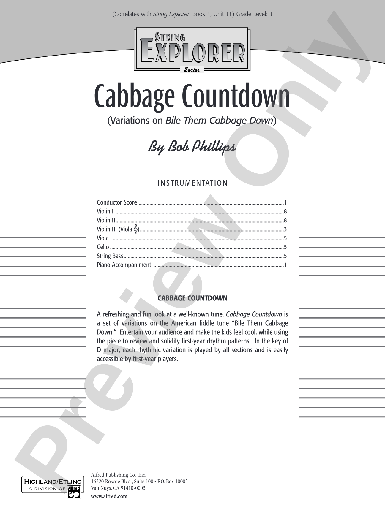 Cabbage Countdown: String Orchestra Conductor Score & Parts