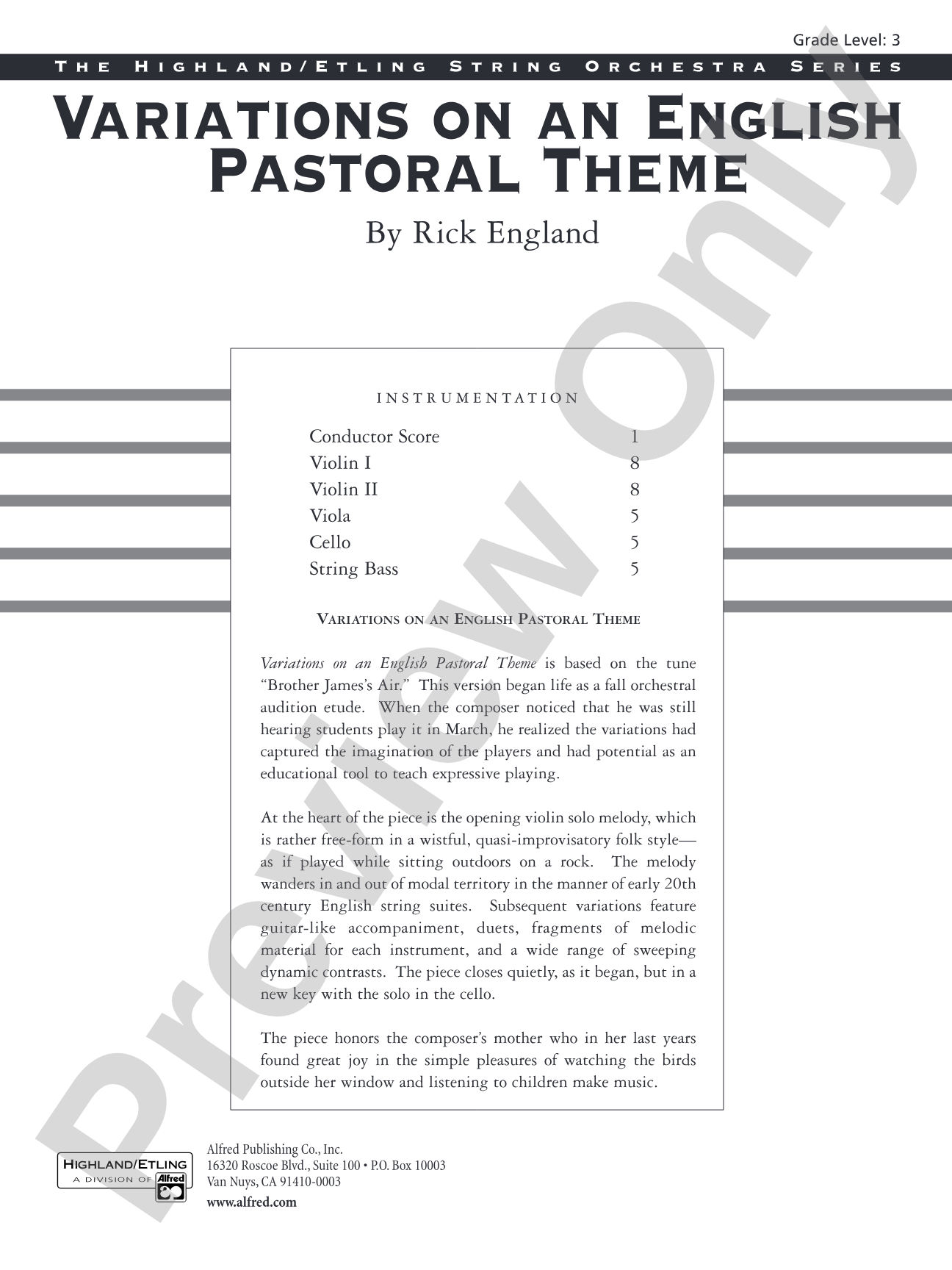 Variations on an English Pastoral Theme: String Orchestra Conductor Score & Parts