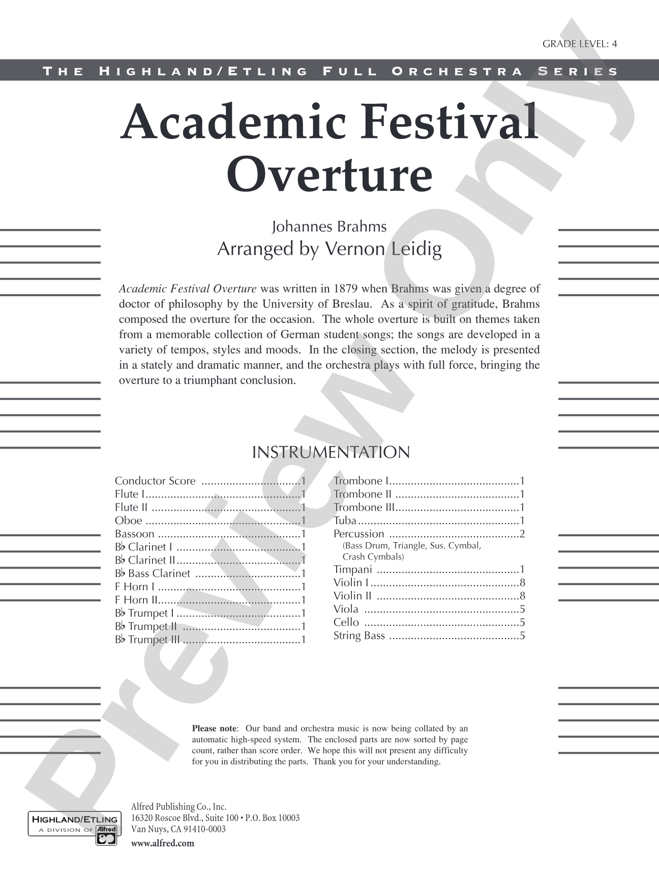 Academic Festival Overture: Full Orchestra Conductor Score & Parts