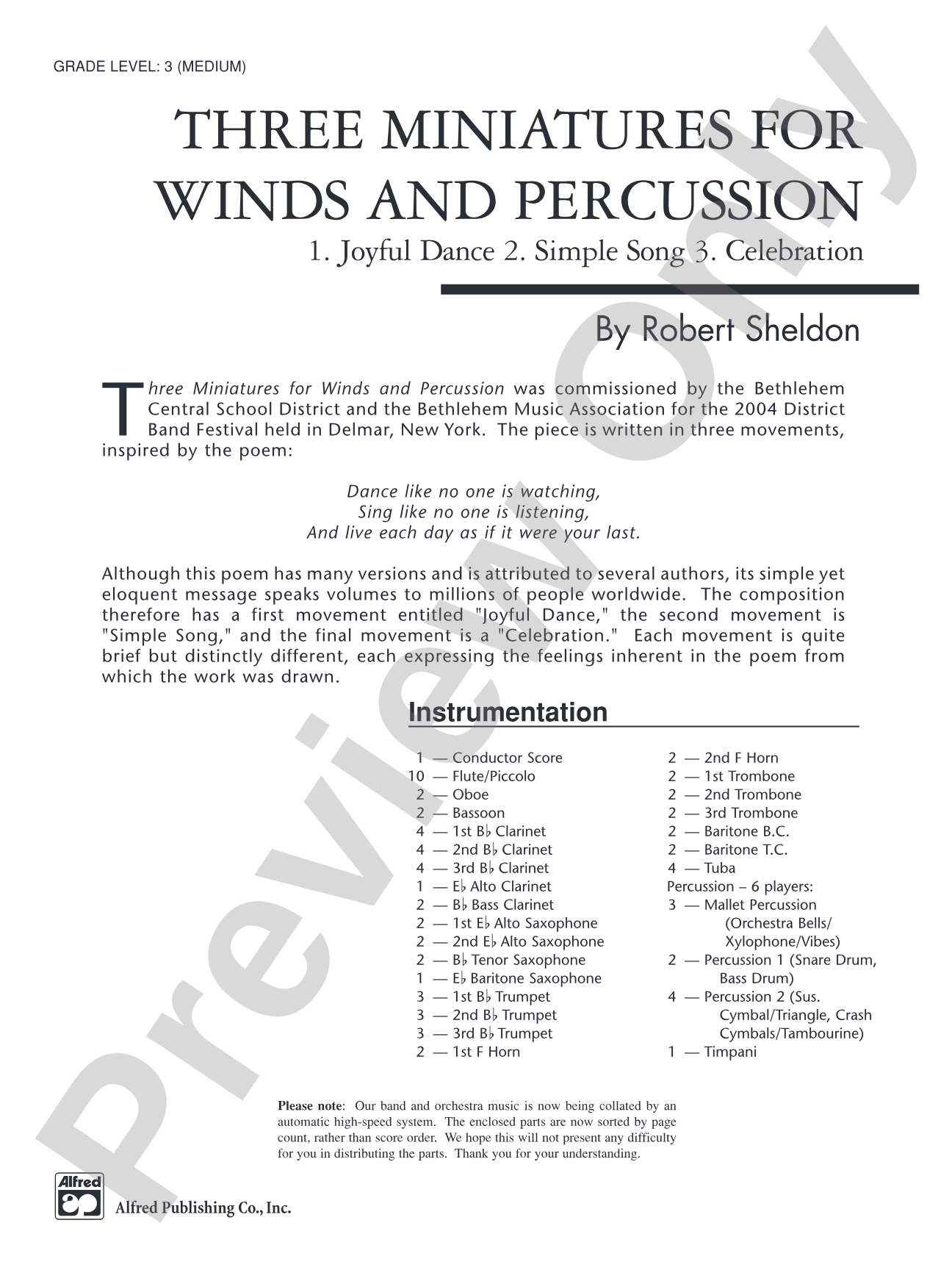Three Miniatures for Winds and Percussion: Concert Band Conductor Score & Parts