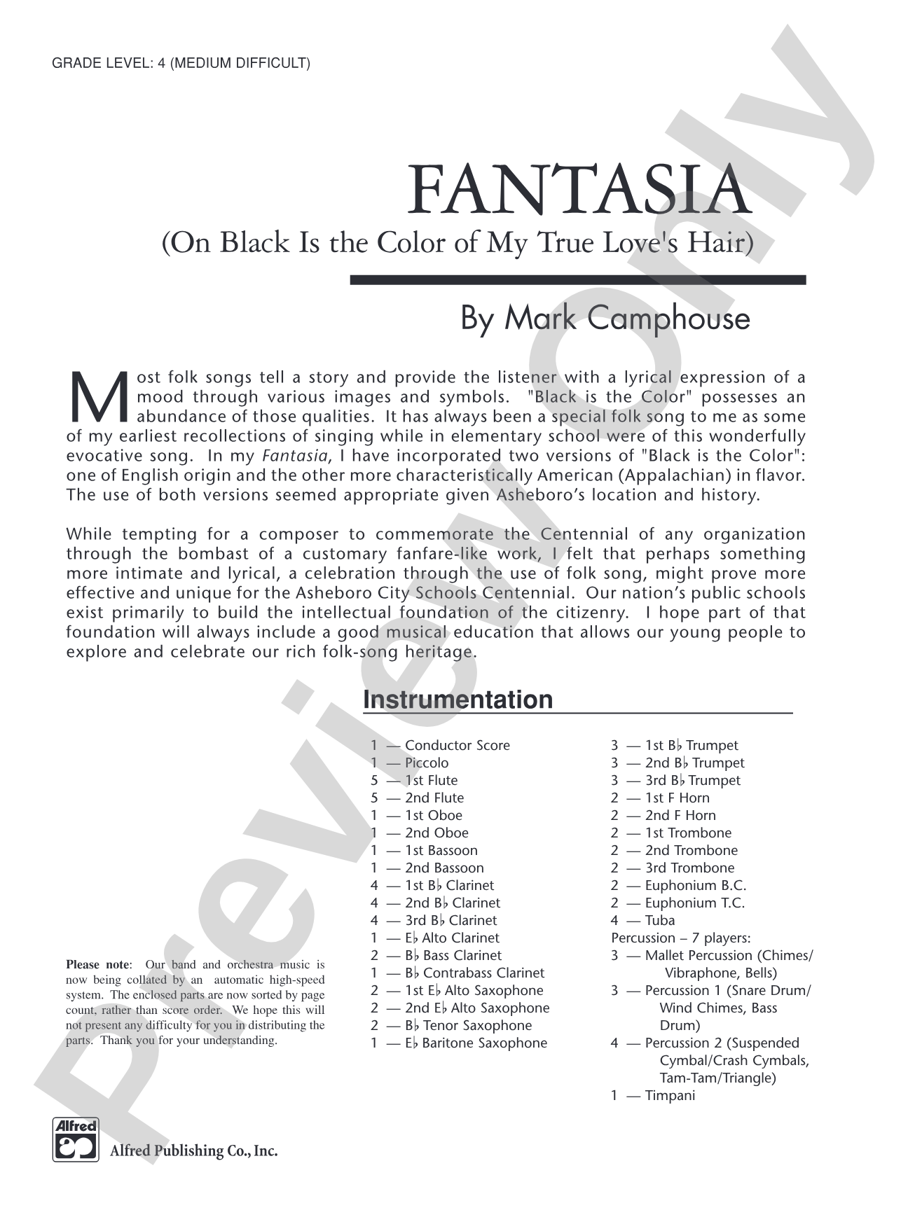 Fantasia (on "Black Is the Color of My True Love's Hair"): Concert Band Conductor Score & Parts