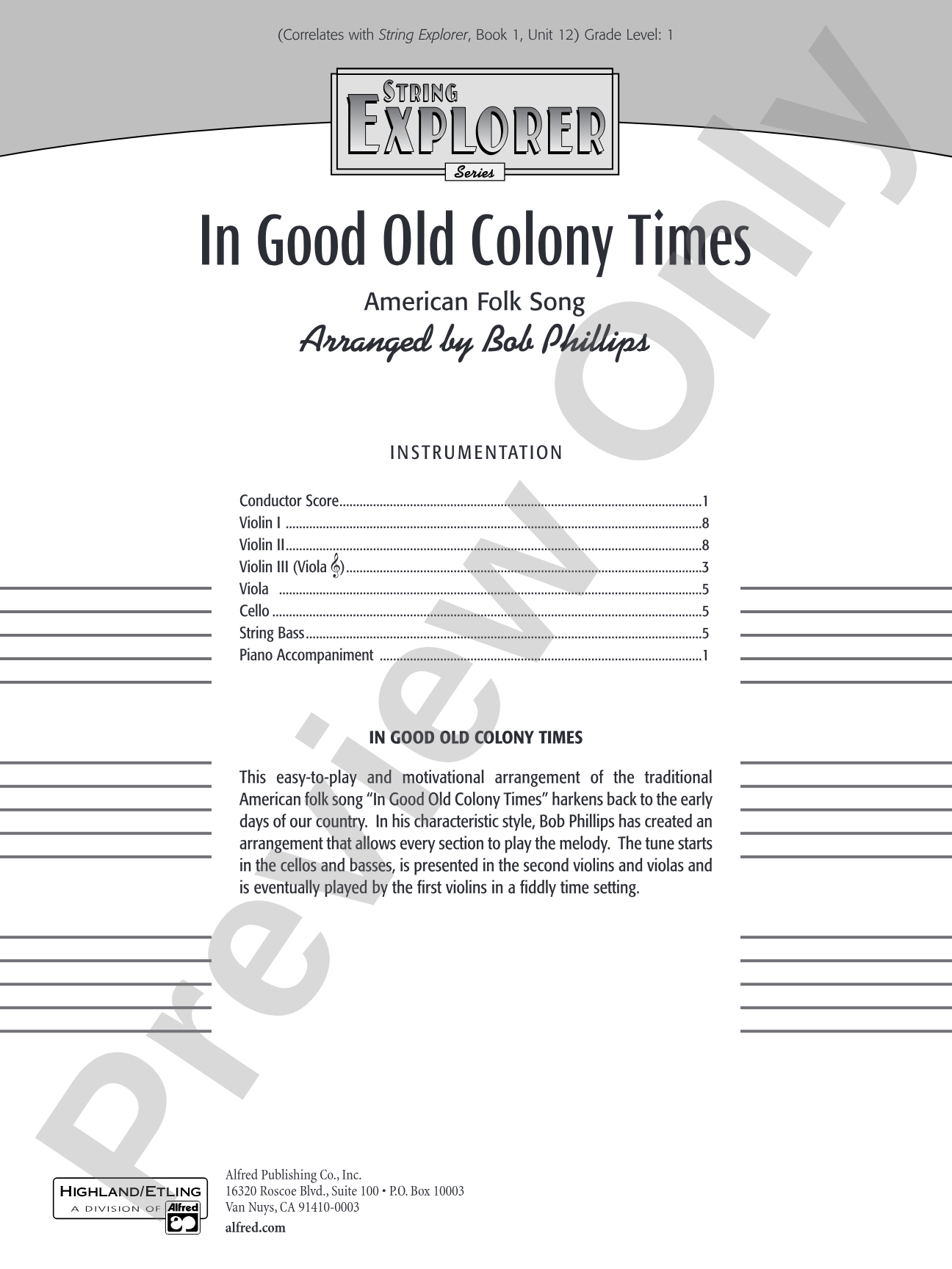 In Good Old Colony Times: String Orchestra Conductor Score & Parts