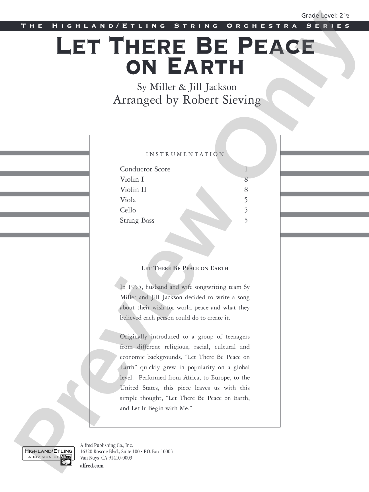 Let There Be Peace on Earth: String Orchestra Conductor Score & Parts