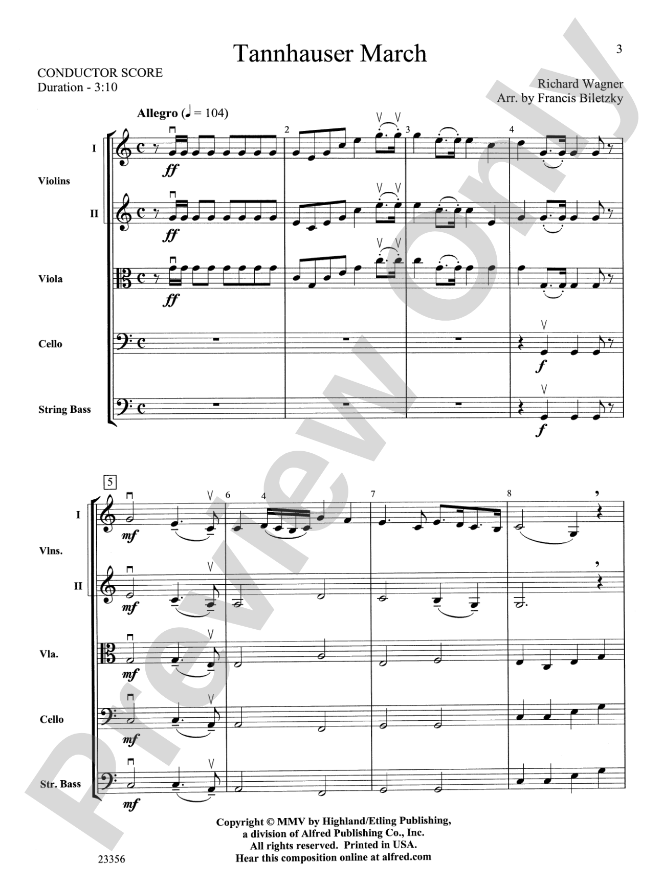 Tannhäuser March: String Orchestra Conductor Score & Parts