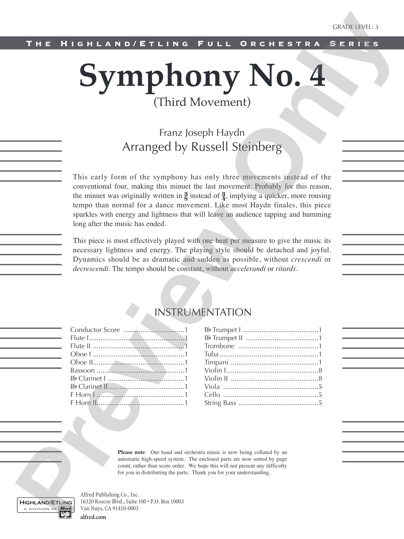 Symphony No. 4 (Third Movement): Full Orchestra Conductor Score & Parts