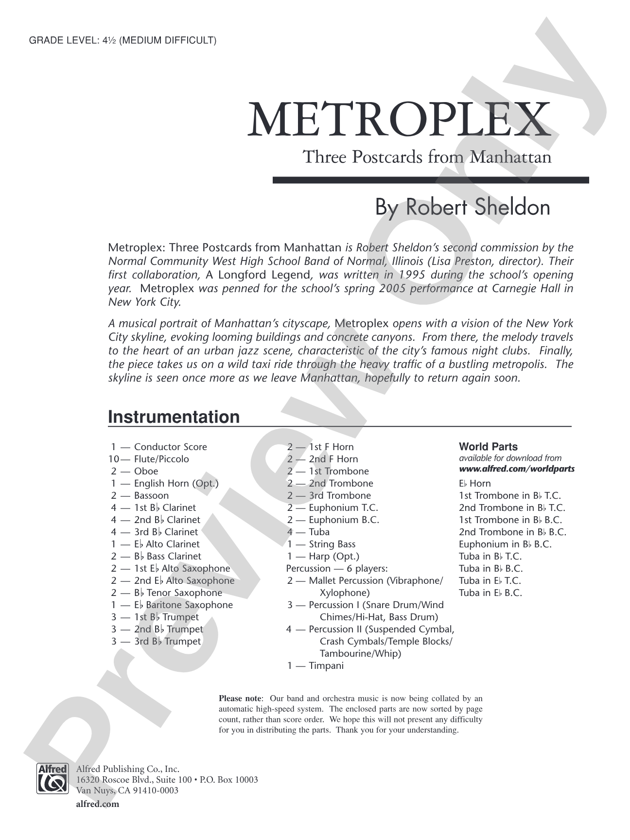 Metroplex: Three Postcards from Manhattan: Concert Band Conductor Score & Parts