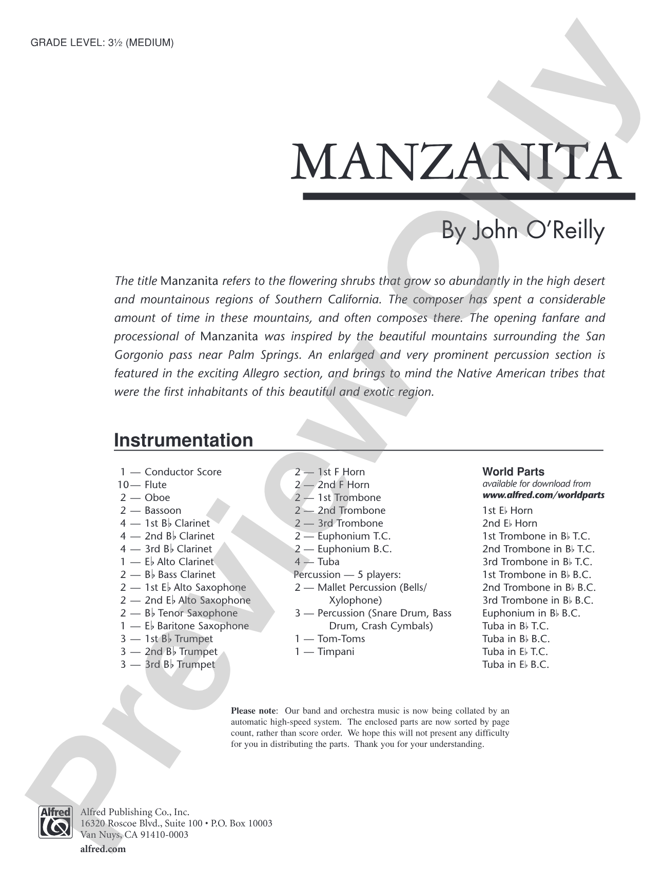 Manzanita: Concert Band Conductor Score & Parts