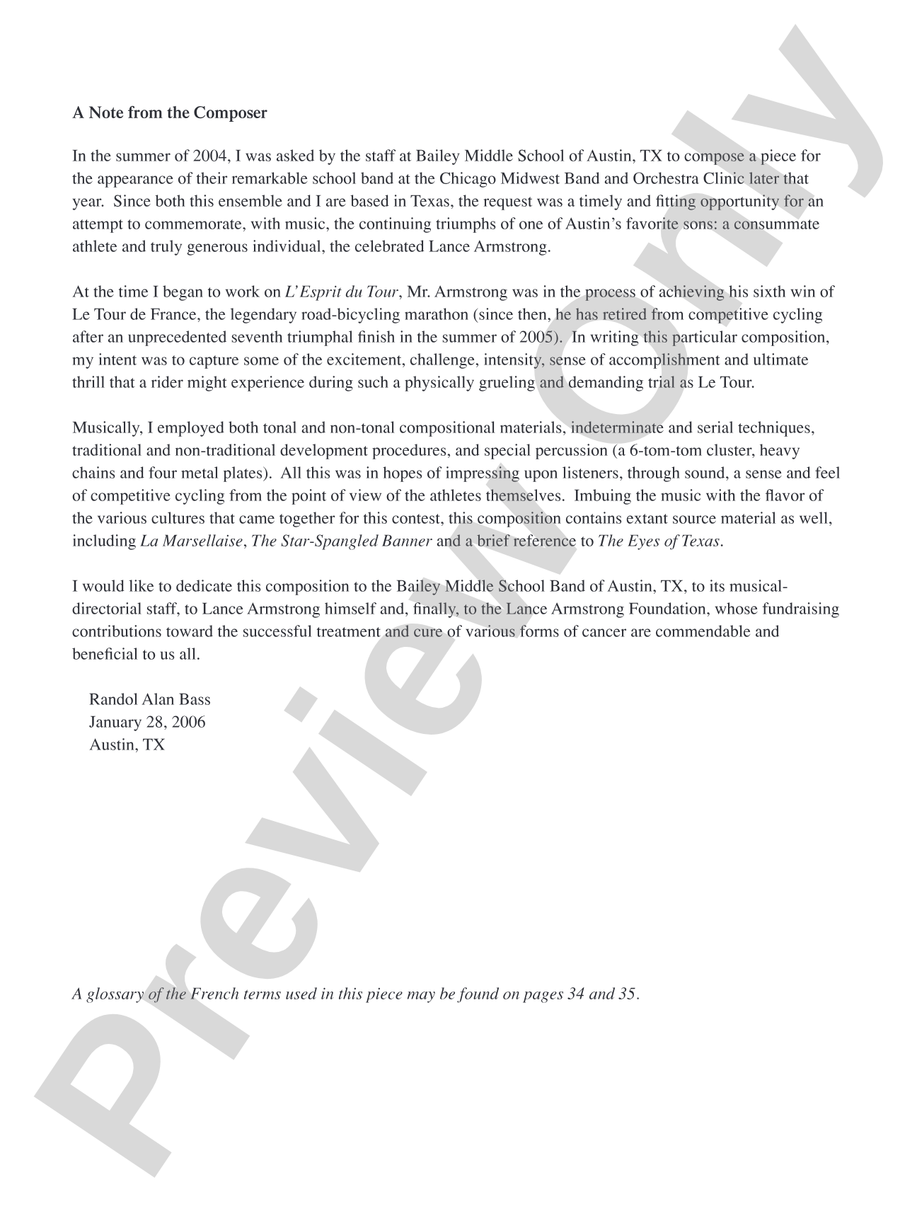 L'Esprit du Tour: A Fanfare for Lance: Concert Band Conductor Score & Parts
