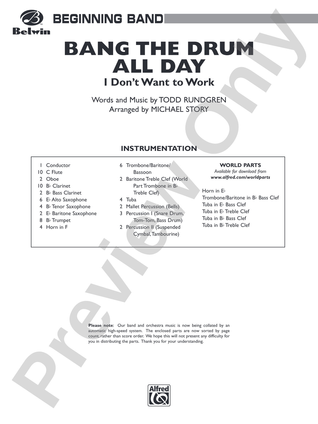 Bang the Drum All Day (I Don't Want to Work): Concert Band Conductor Score & Parts