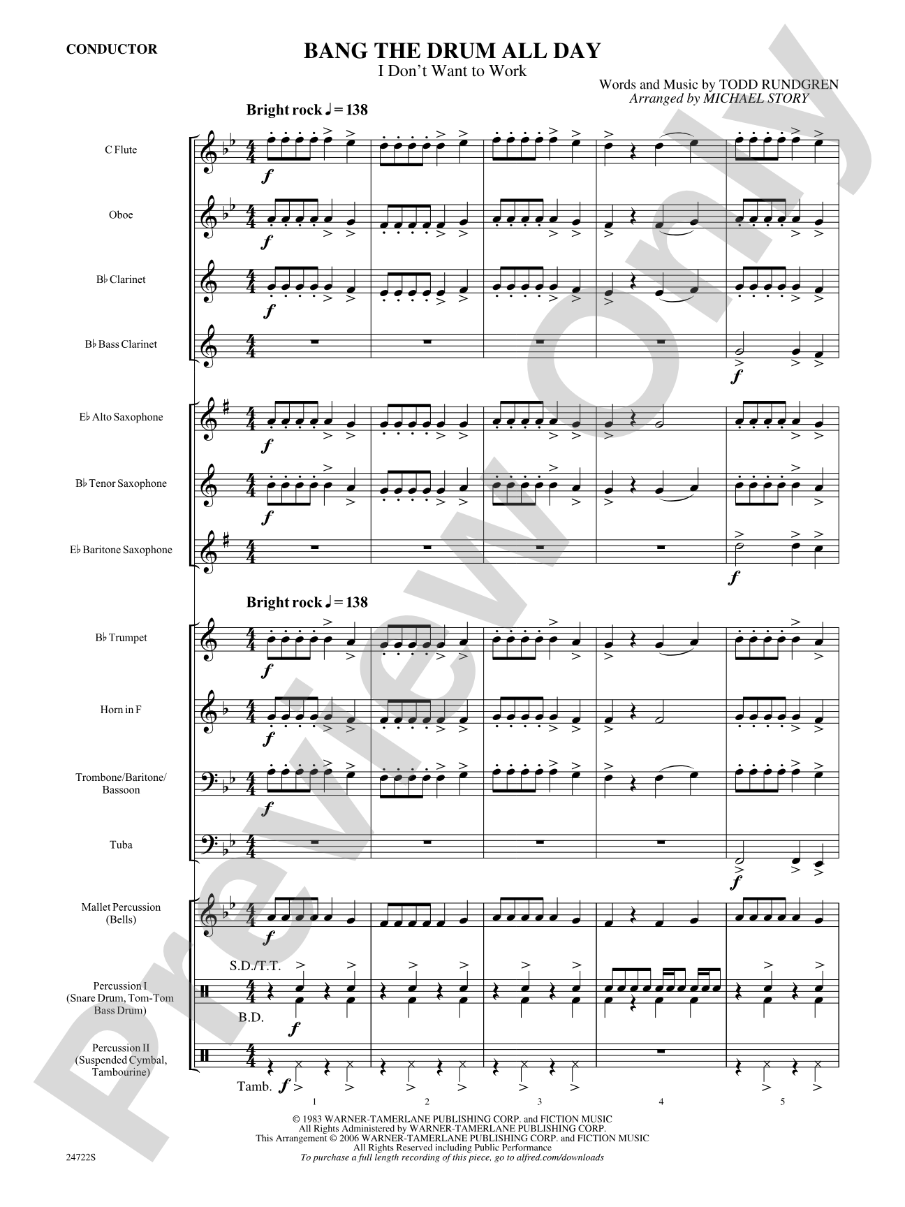 Bang the Drum All Day (I Don't Want to Work): Concert Band Conductor Score & Parts
