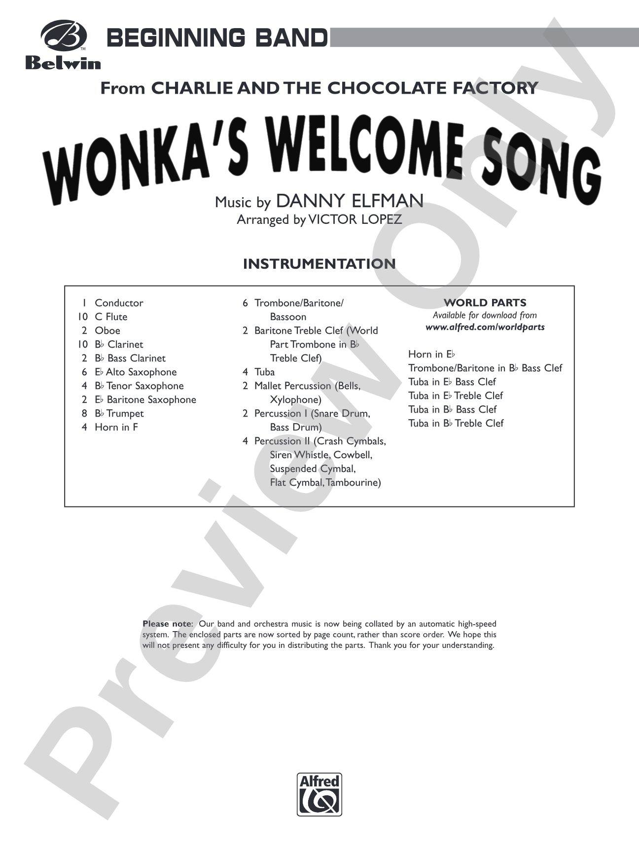 Wonka's Welcome Song (from Charlie and the Chocolate Factory): Concert Band Conductor Score & Parts