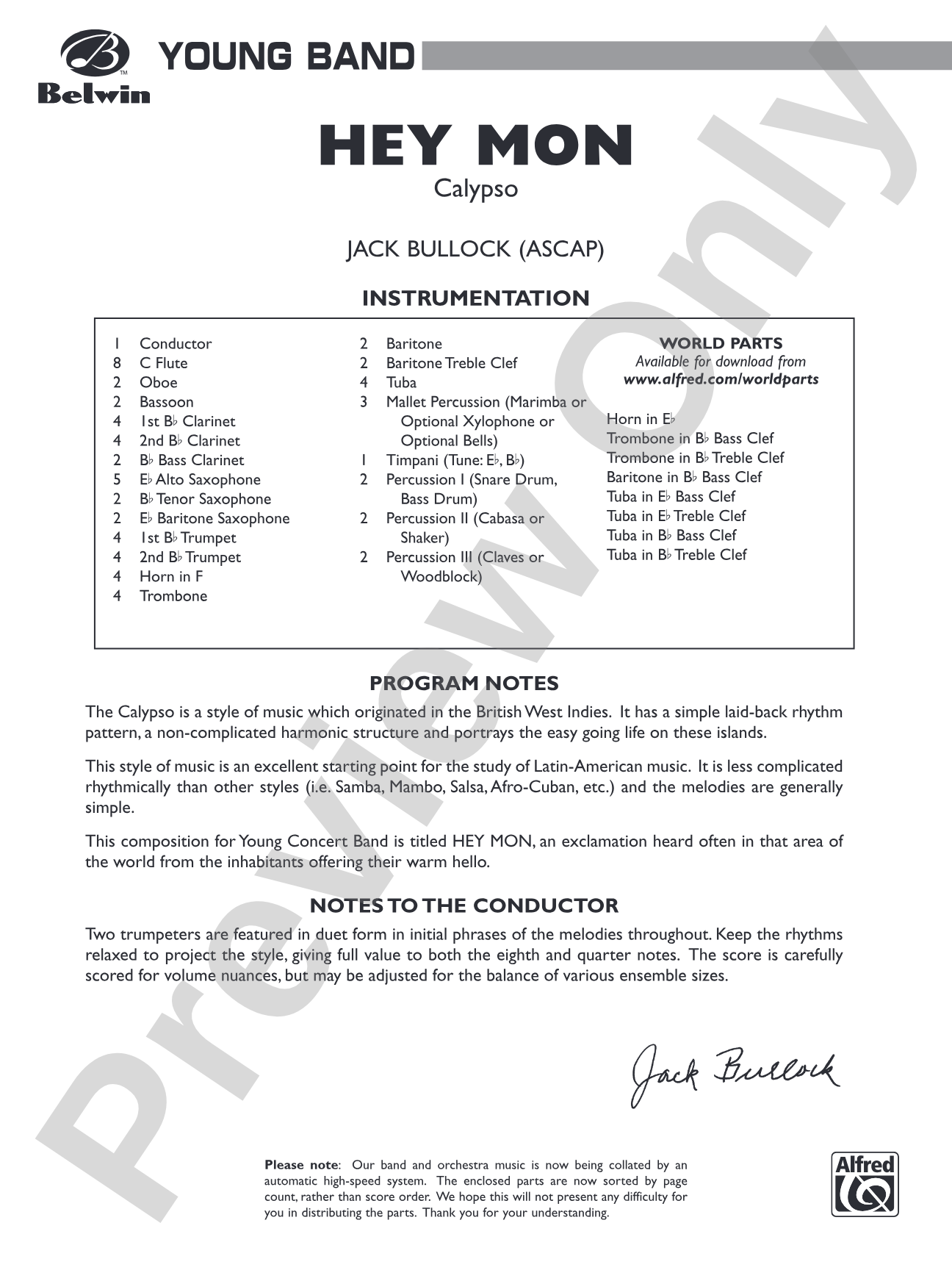Hey Mon (Calypso): Concert Band Conductor Score & Parts