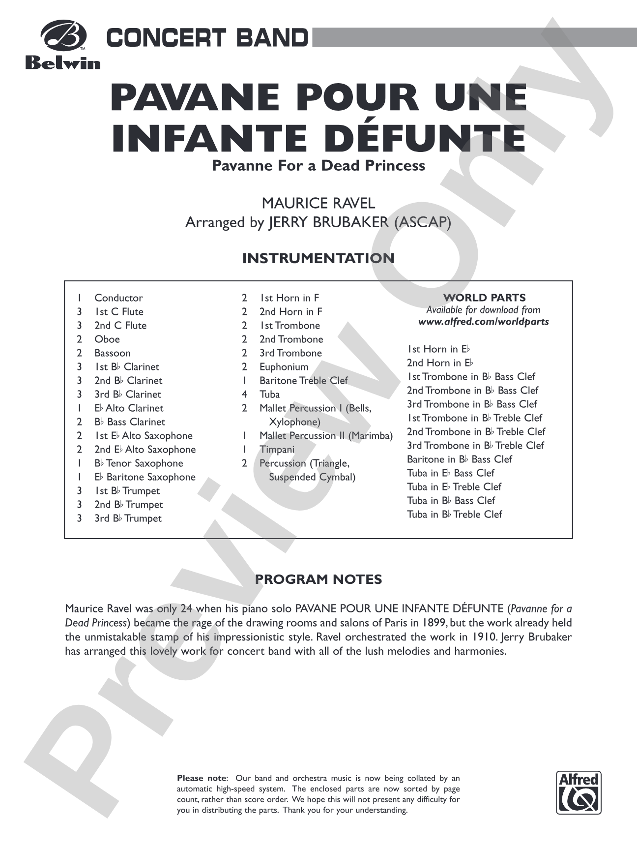 Pavane Pour Une Infante Defunte (Pavanne for a Dead Princess): Concert Band Conductor Score & Parts