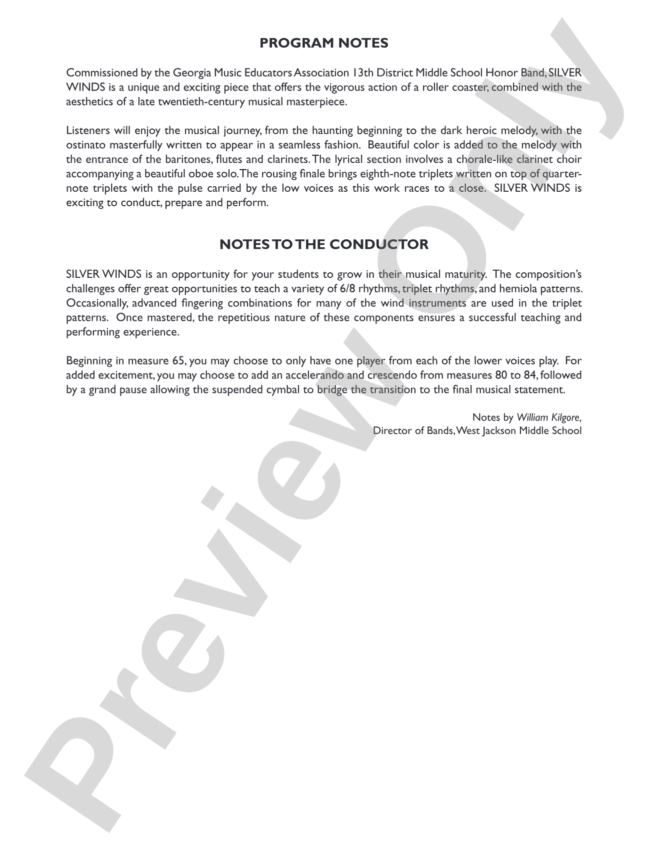 Silver Winds: Concert Band Conductor Score & Parts