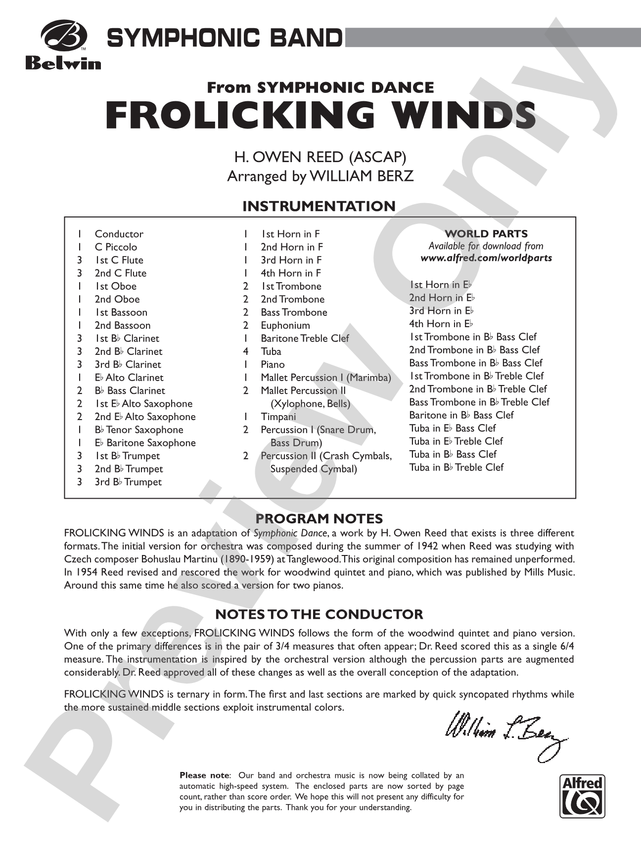 Frolicking Winds (from Symphonic Dance): Concert Band Conductor Score & Parts