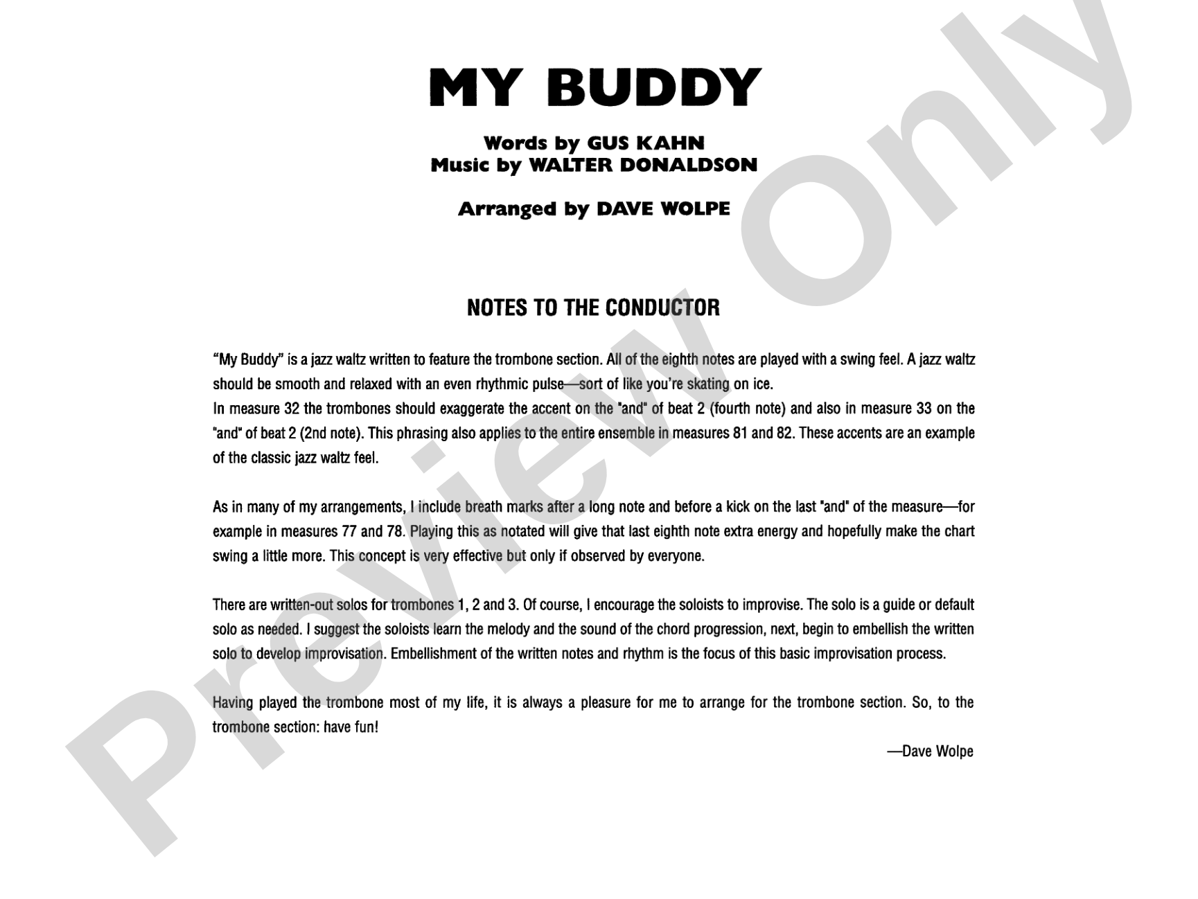 My Buddy: Jazz Ensemble Conductor Score & Parts