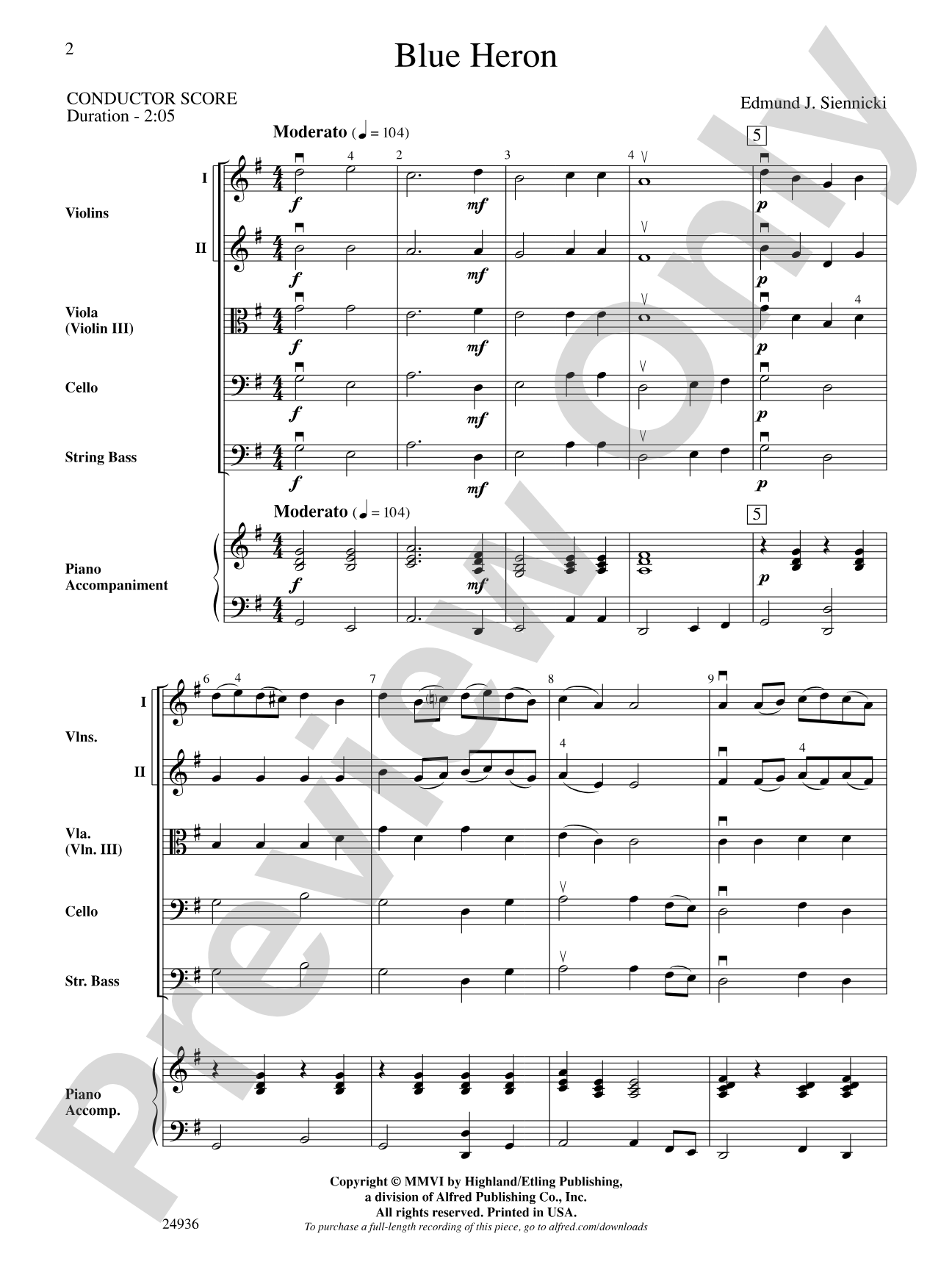 Blue Heron: String Orchestra Conductor Score & Parts