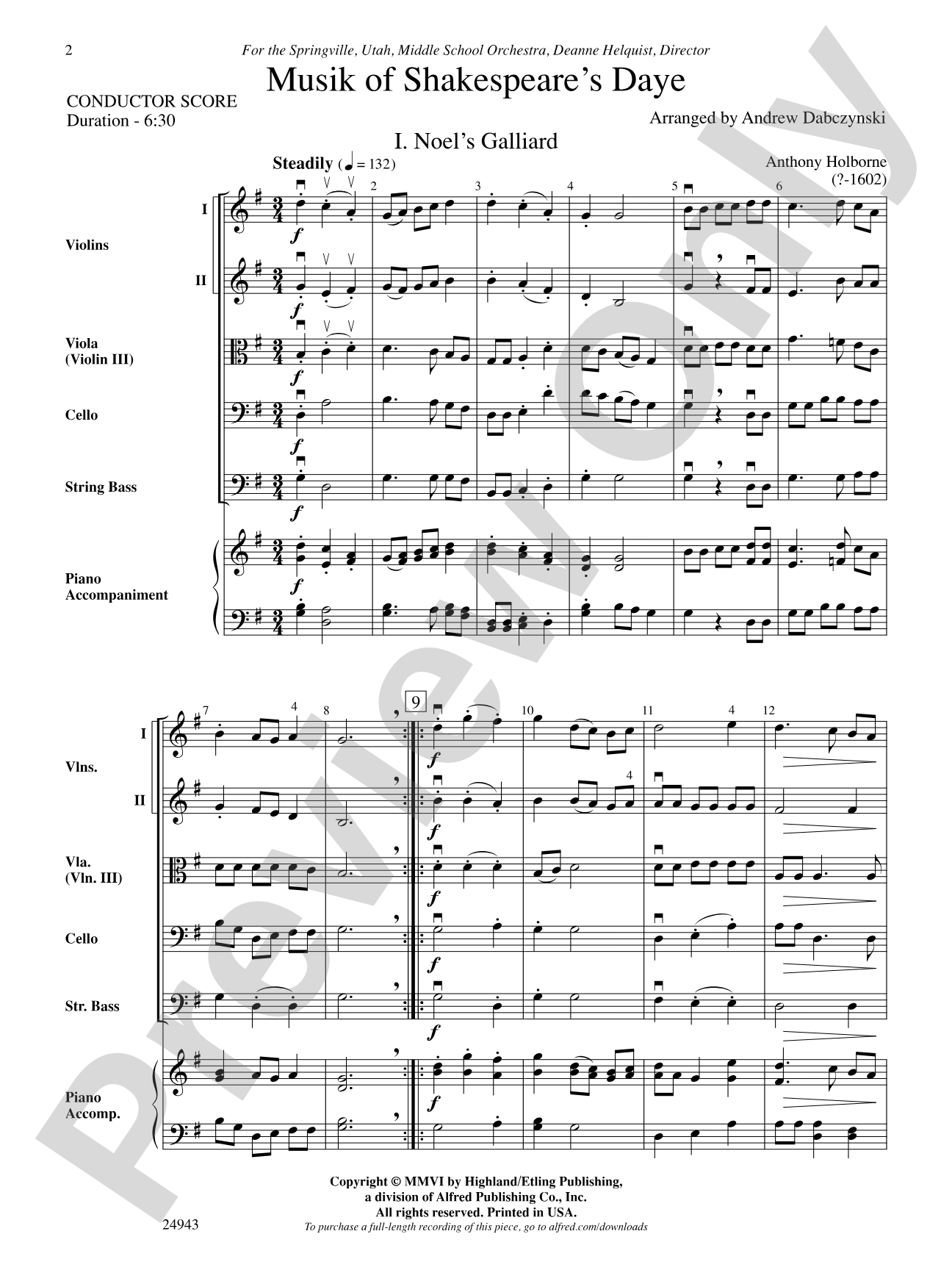 Musik of Shakespeare's Daye: String Orchestra Conductor Score & Parts