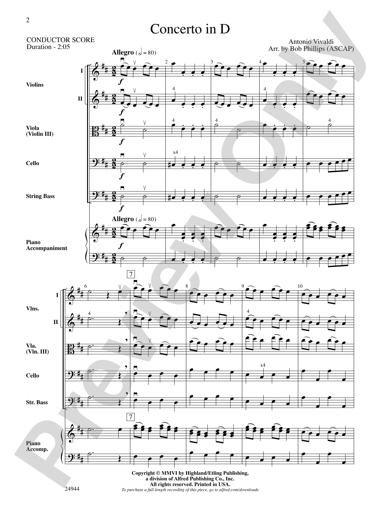 Concerto in D: String Orchestra Conductor Score & Parts