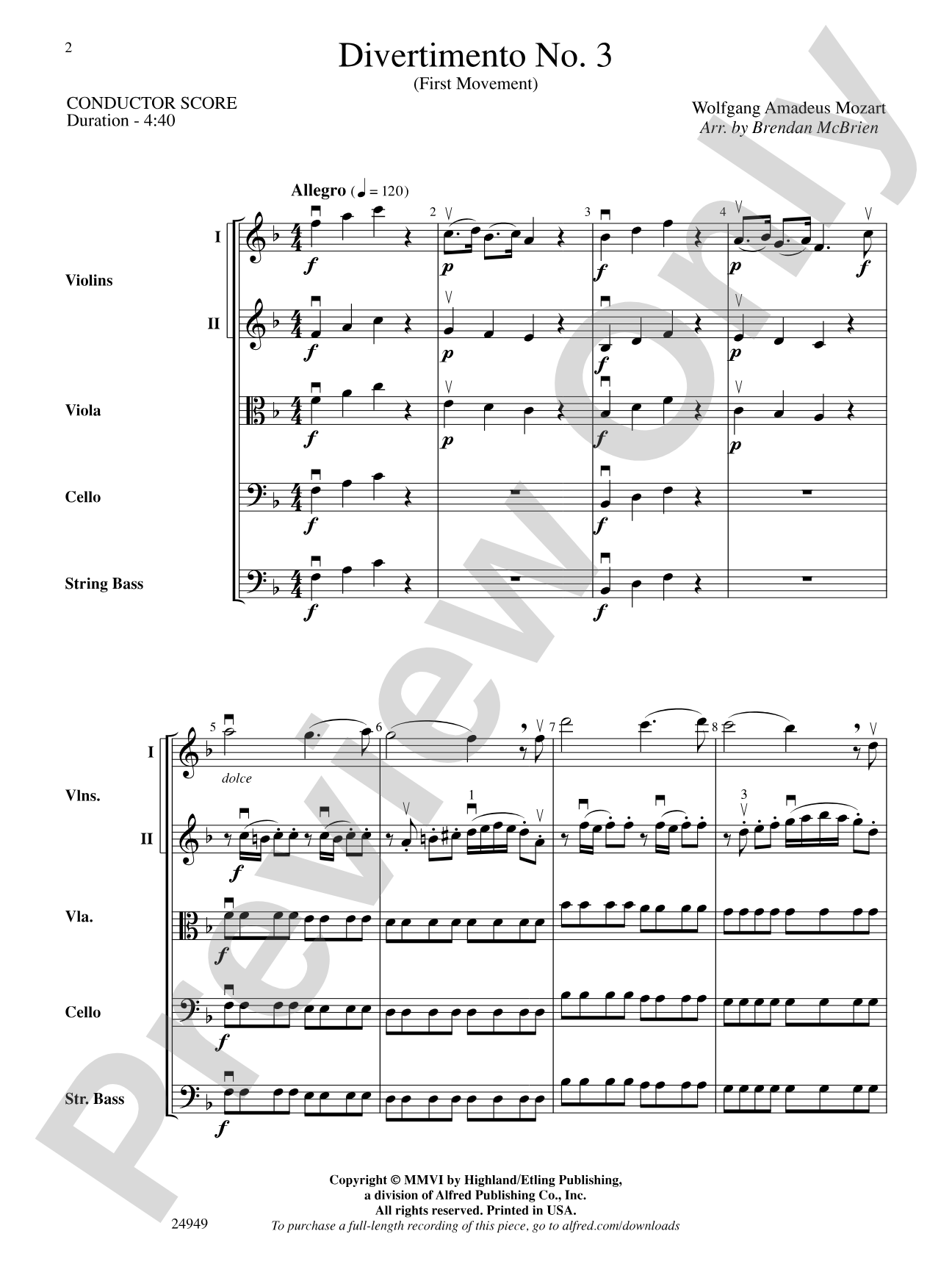 Divertimento No. 3 (1st Movement): String Orchestra Conductor Score & Parts